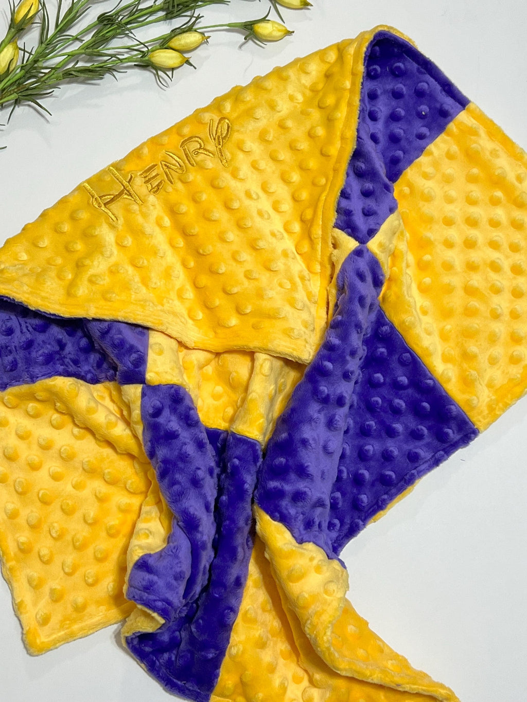 Minky 22” blanket lovey double sided in coordinating 9 patch squares in two colors, personalized option, soft, soothing, calming
