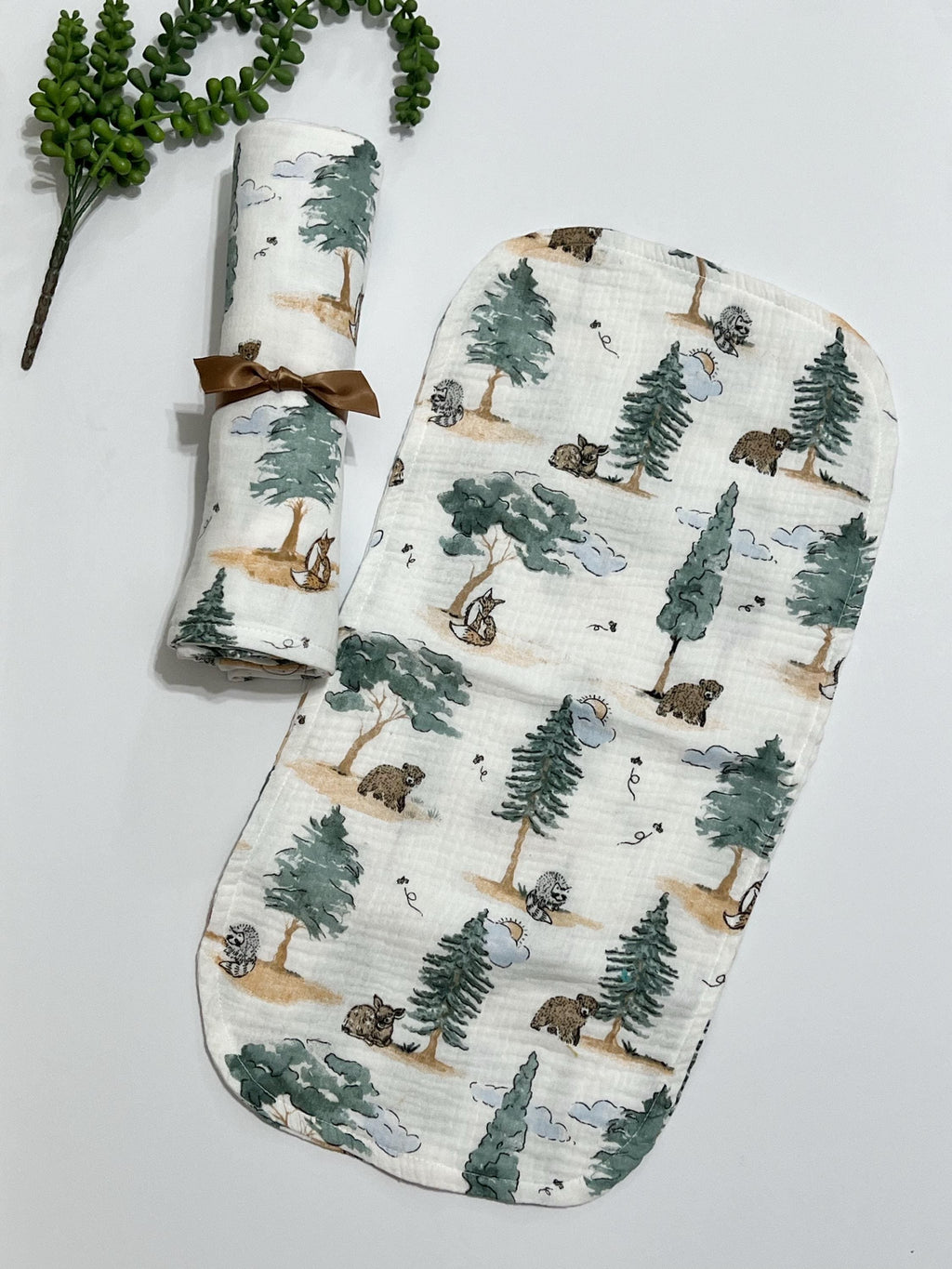Baby swaddle muslin gauze Blanket extra large 41” size with matching burp cloth, baby gift set, woodland, sage vines, solid boho colors