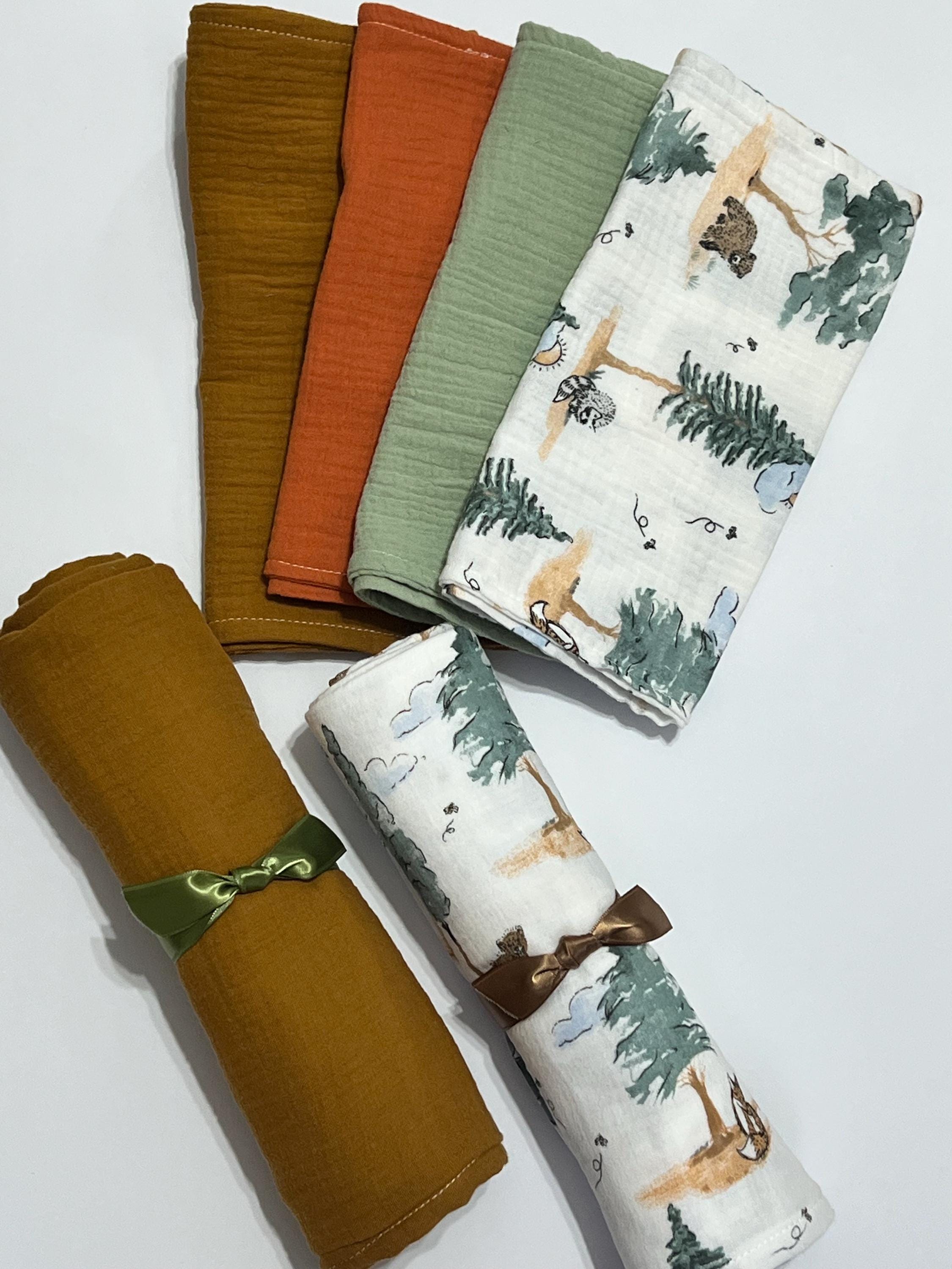Baby swaddle muslin gauze Blanket extra large 41” size with matching burp cloth, baby gift set, woodland, sage vines, solid boho colors