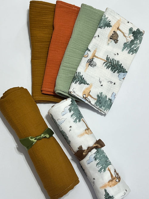 Baby swaddle muslin gauze Blanket extra large 41” size with matching burp cloth, baby gift set, woodland, sage vines, solid boho colors