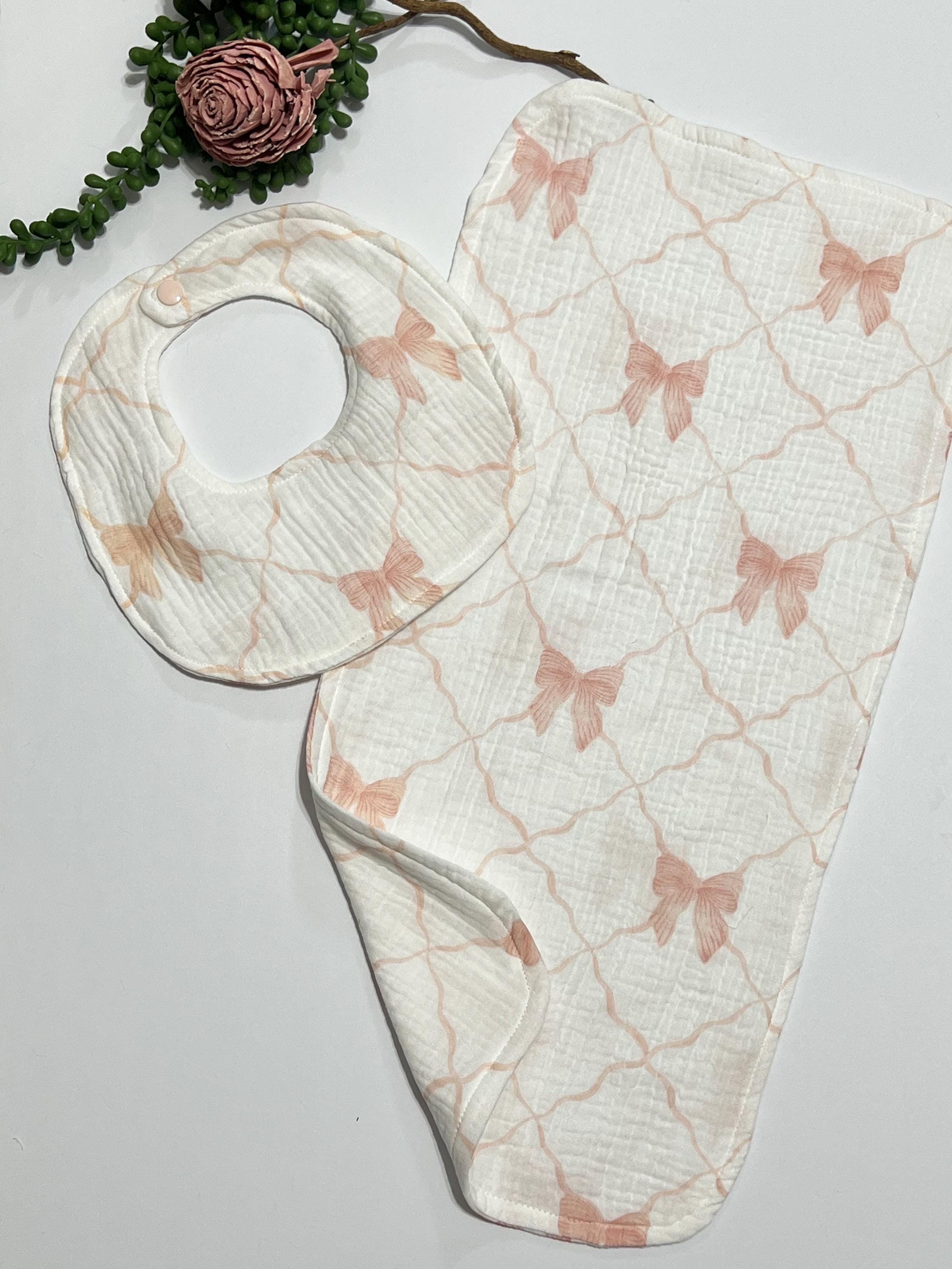 Baby swaddle blanket with blush pink bow print muslin gauze extra large 41” size with matching burp cloth and bib, gift set, lightweight