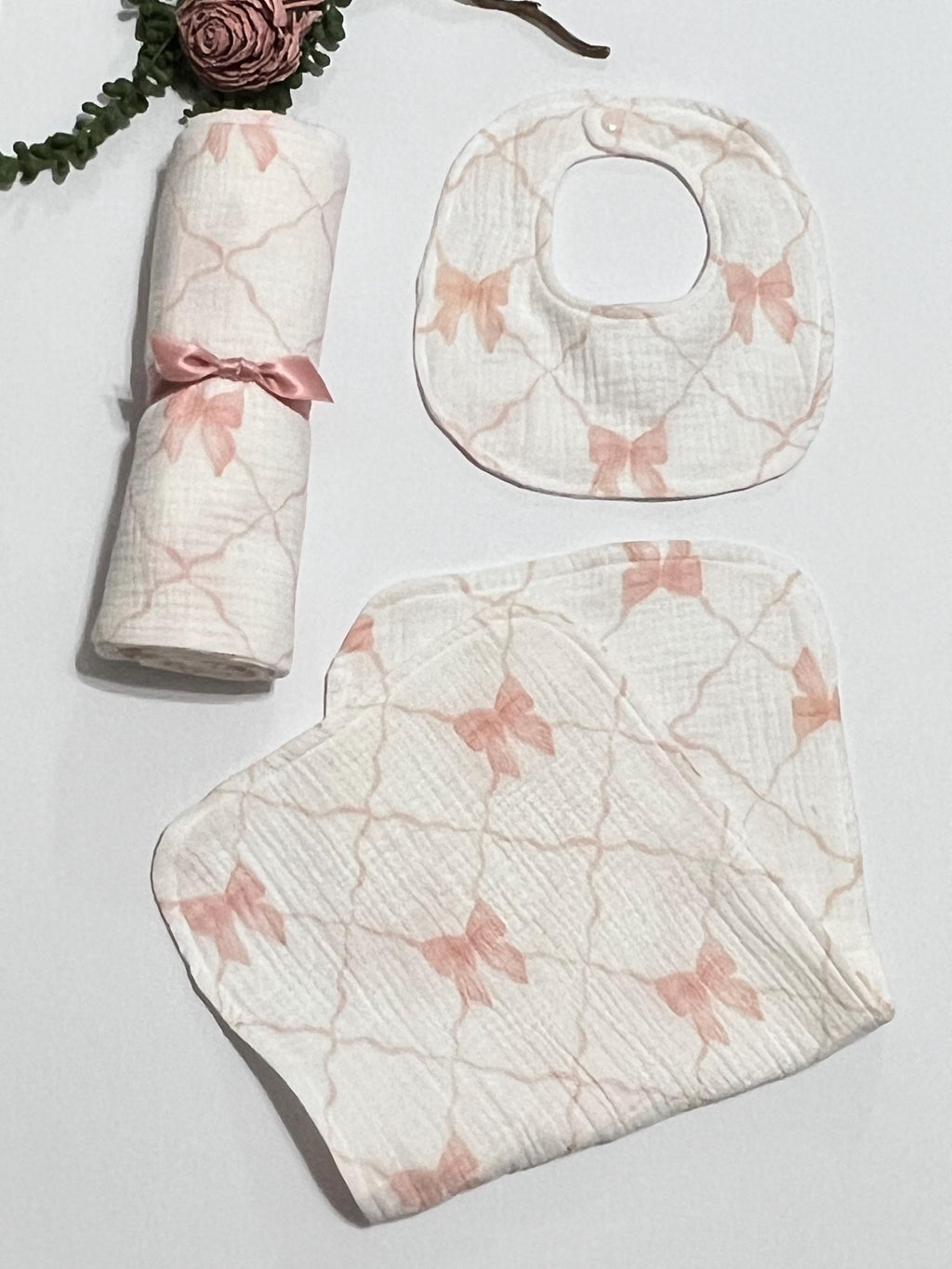 Baby swaddle blanket with blush pink bow print muslin gauze extra large 41” size with matching burp cloth and bib, gift set, lightweight