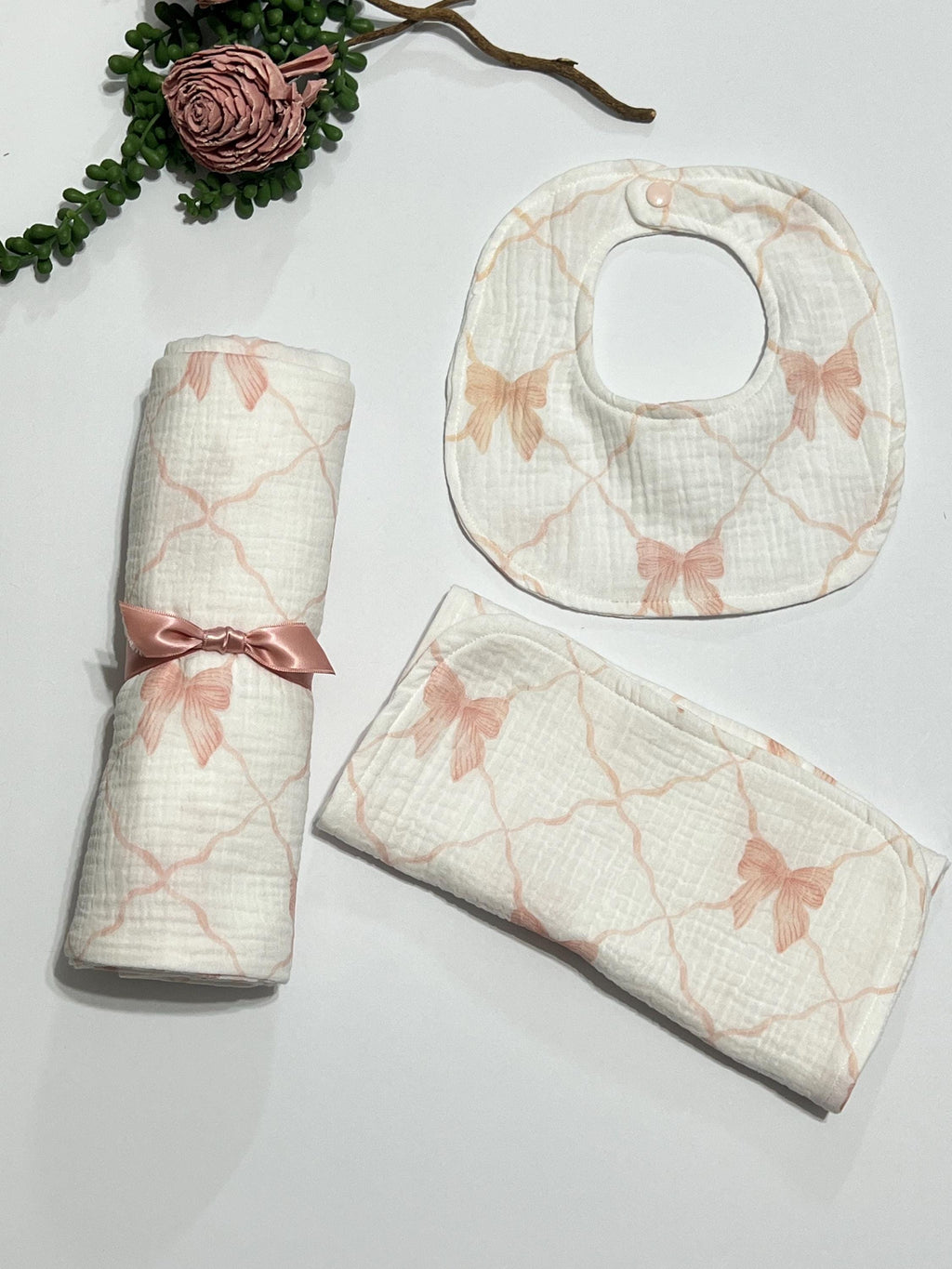 Baby swaddle blanket with blush pink bow print muslin gauze extra large 41” size with matching burp cloth and bib, gift set, lightweight