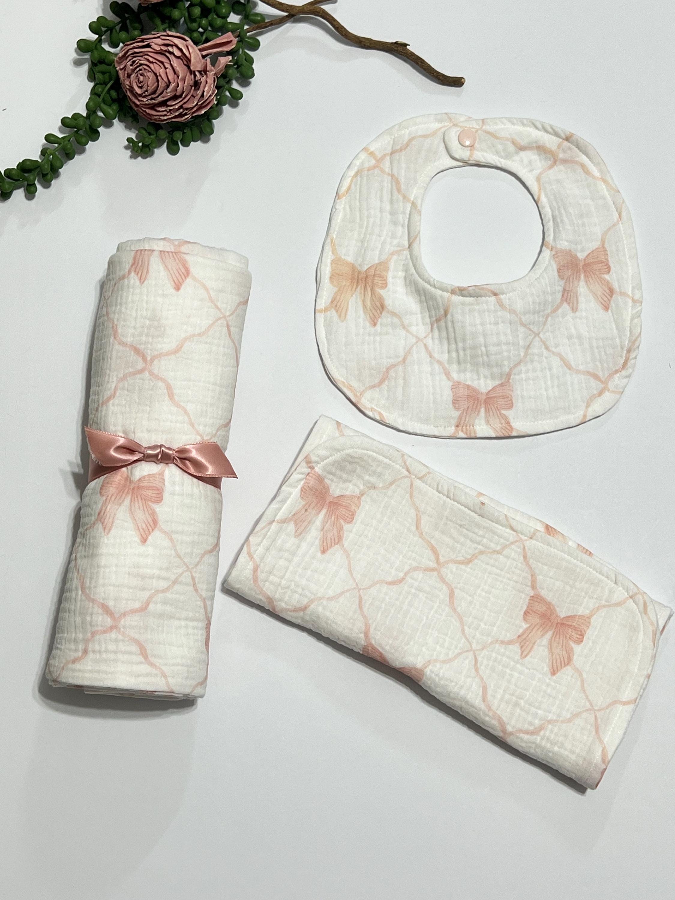 Baby swaddle blanket with blush pink bow print muslin gauze extra large 41” size with matching burp cloth and bib, gift set, lightweight