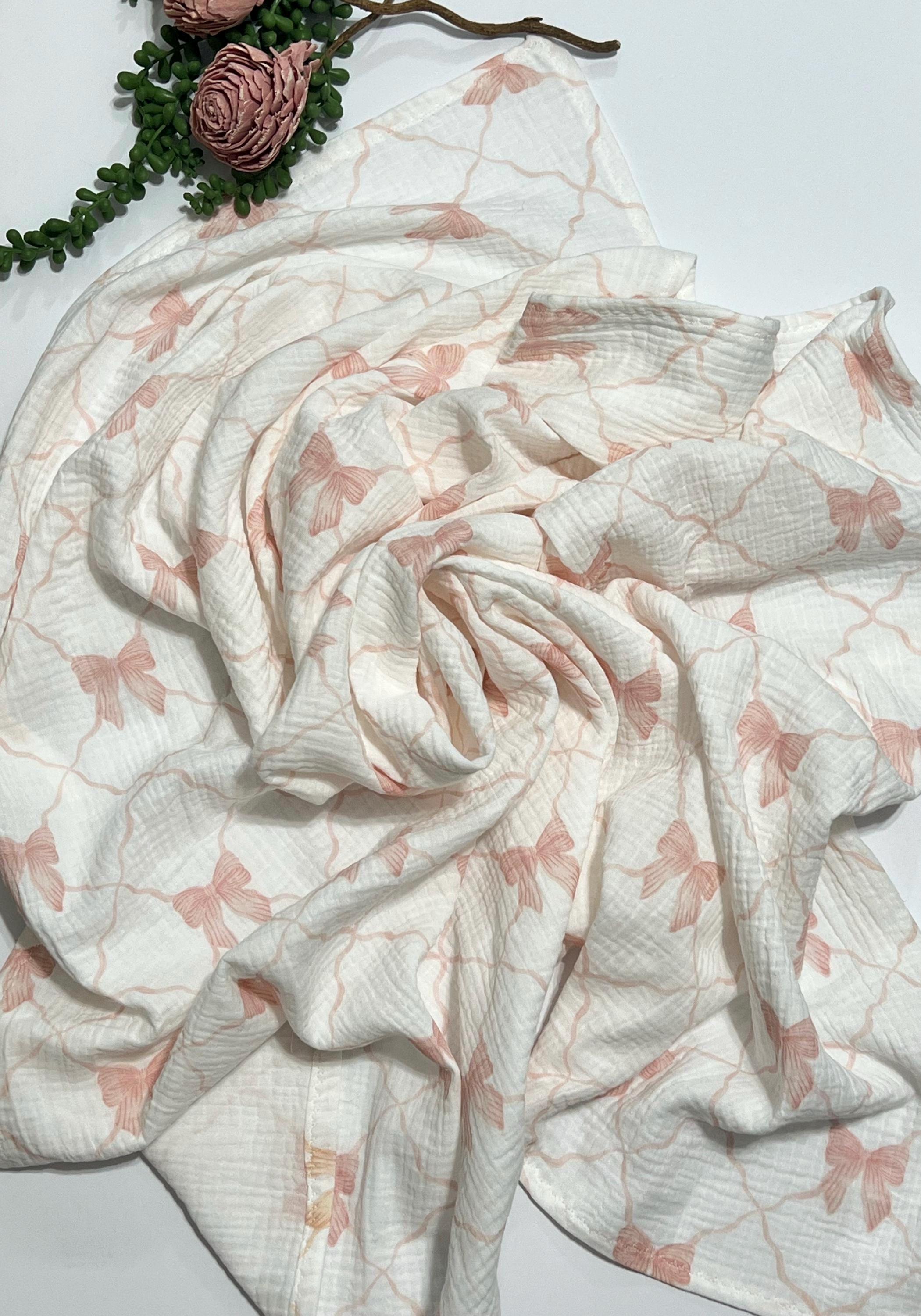 Baby swaddle blanket with blush pink bow print muslin gauze extra large 41” size with matching burp cloth and bib, gift set, lightweight