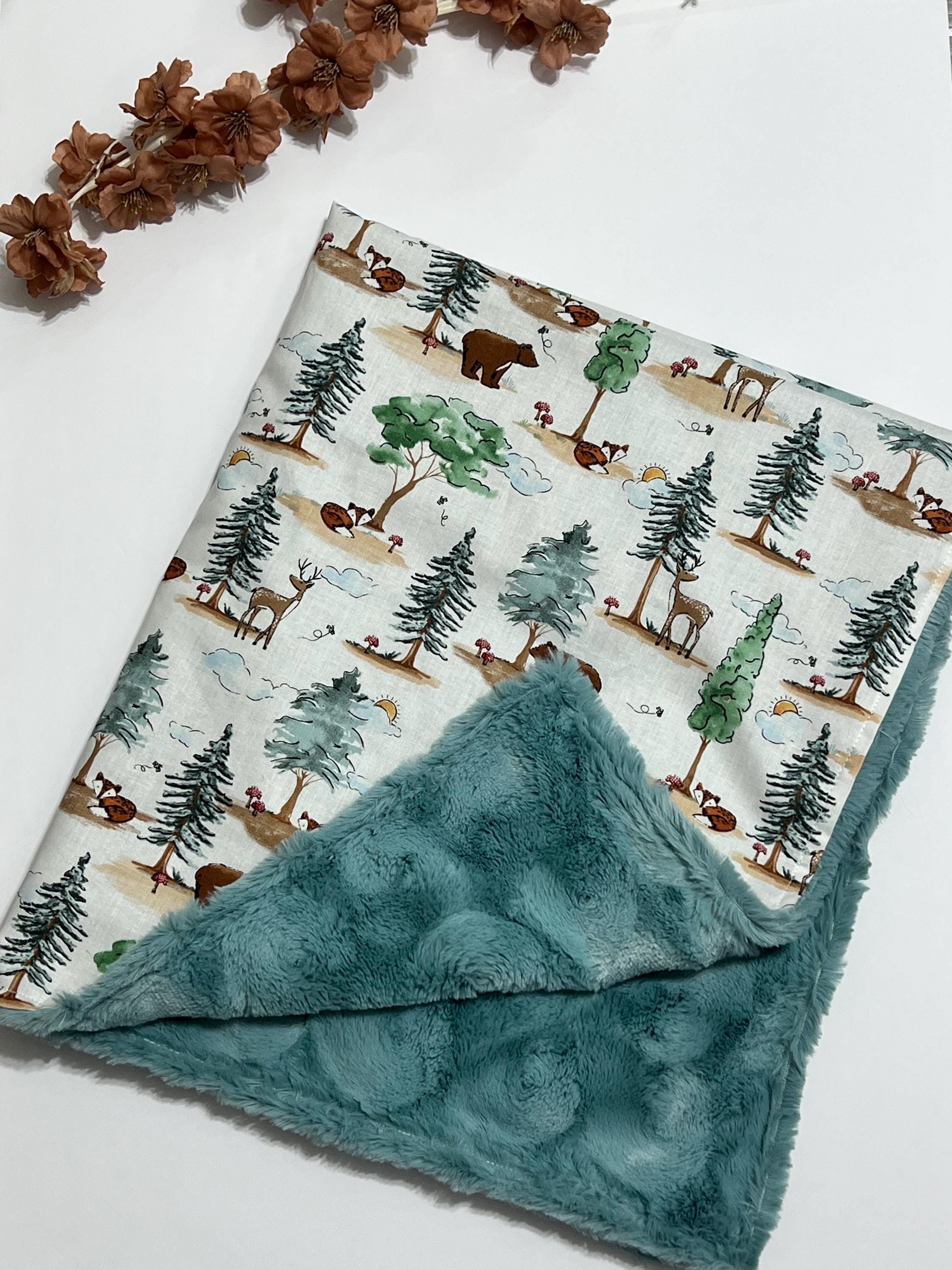 Woodlands animals personalizable baby blanket with minky or fur back for boy or girl, new mom gift, baby shower, size options, Fox bear deer
