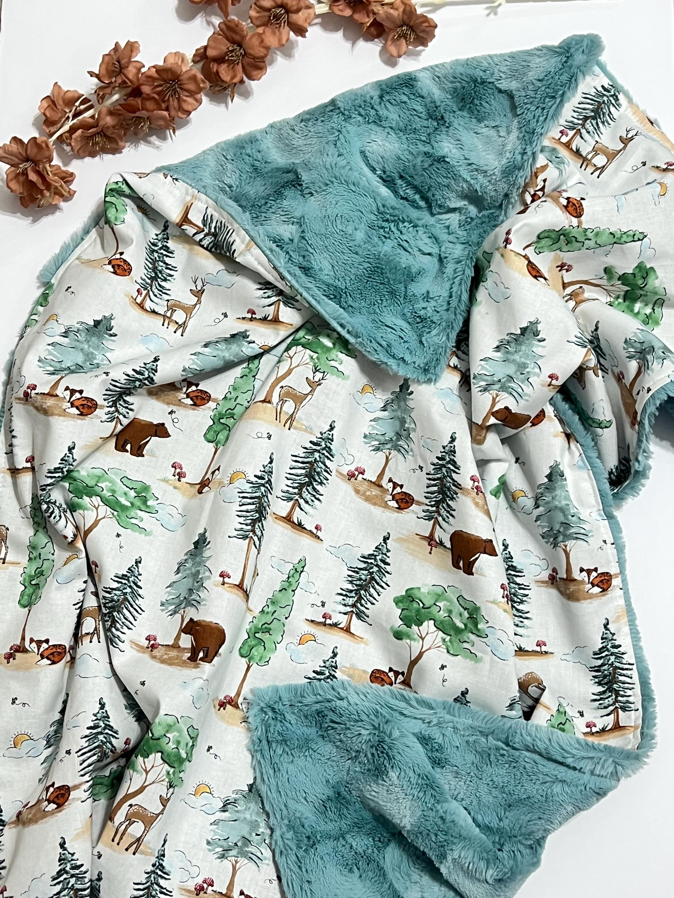 Woodlands animals personalizable baby blanket with minky or fur back for boy or girl, new mom gift, baby shower, size options, Fox bear deer