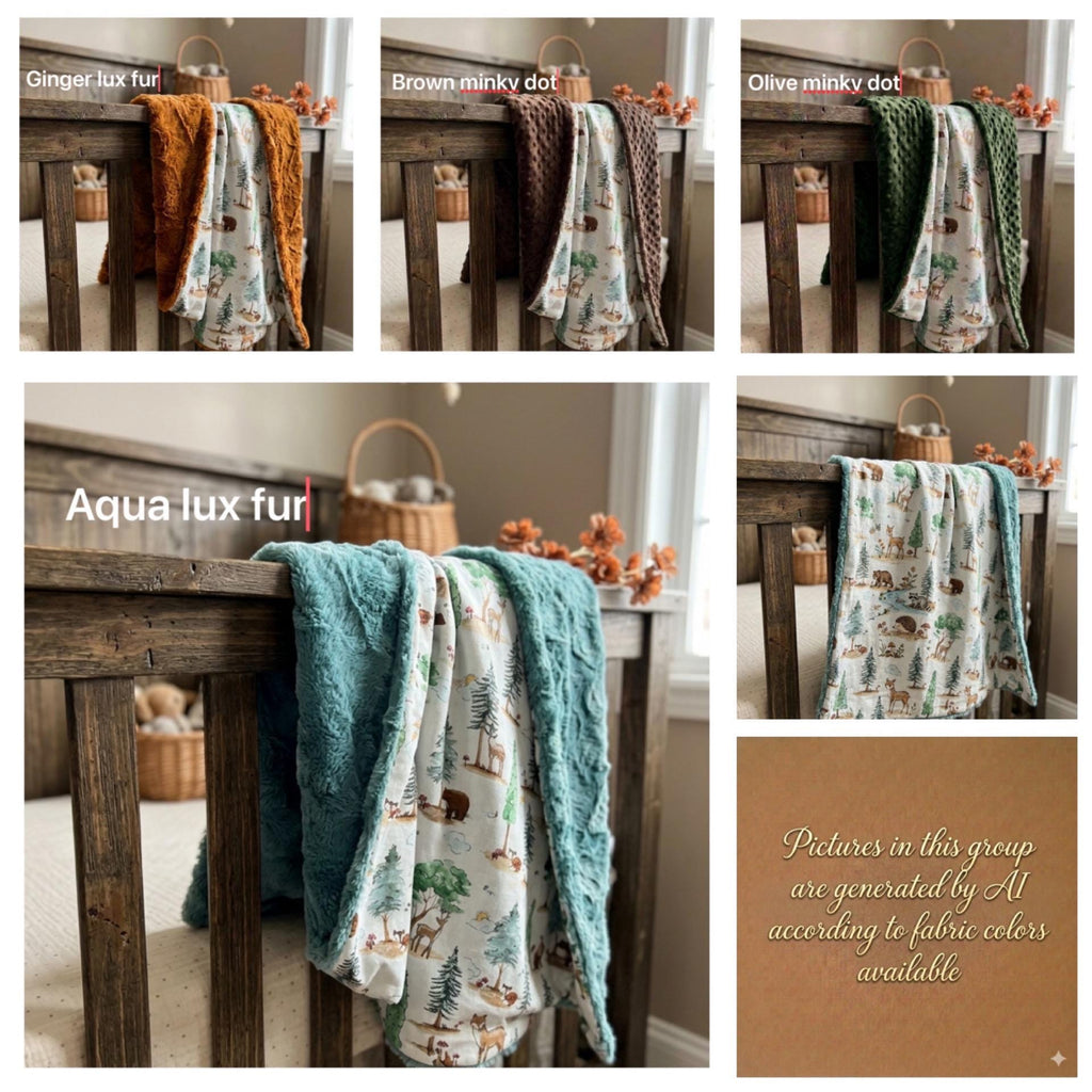 Woodlands animals personalizable baby blanket with minky or fur back for boy or girl, new mom gift, baby shower, size options, Fox bear deer