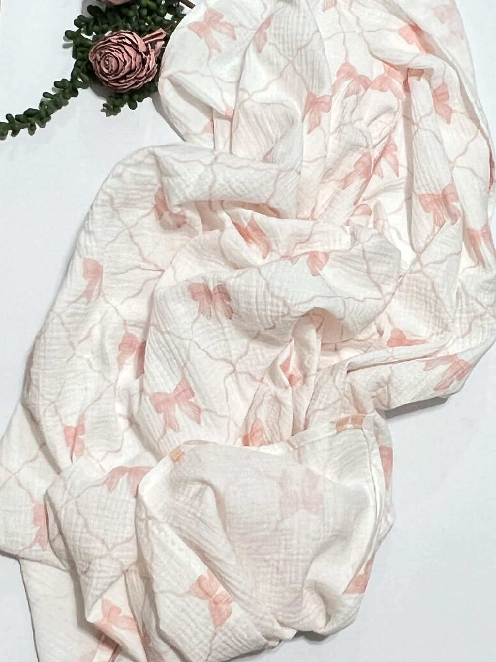 Baby swaddle blanket with blush pink bow print muslin gauze extra large 41” size with matching burp cloth and bib, gift set, lightweight