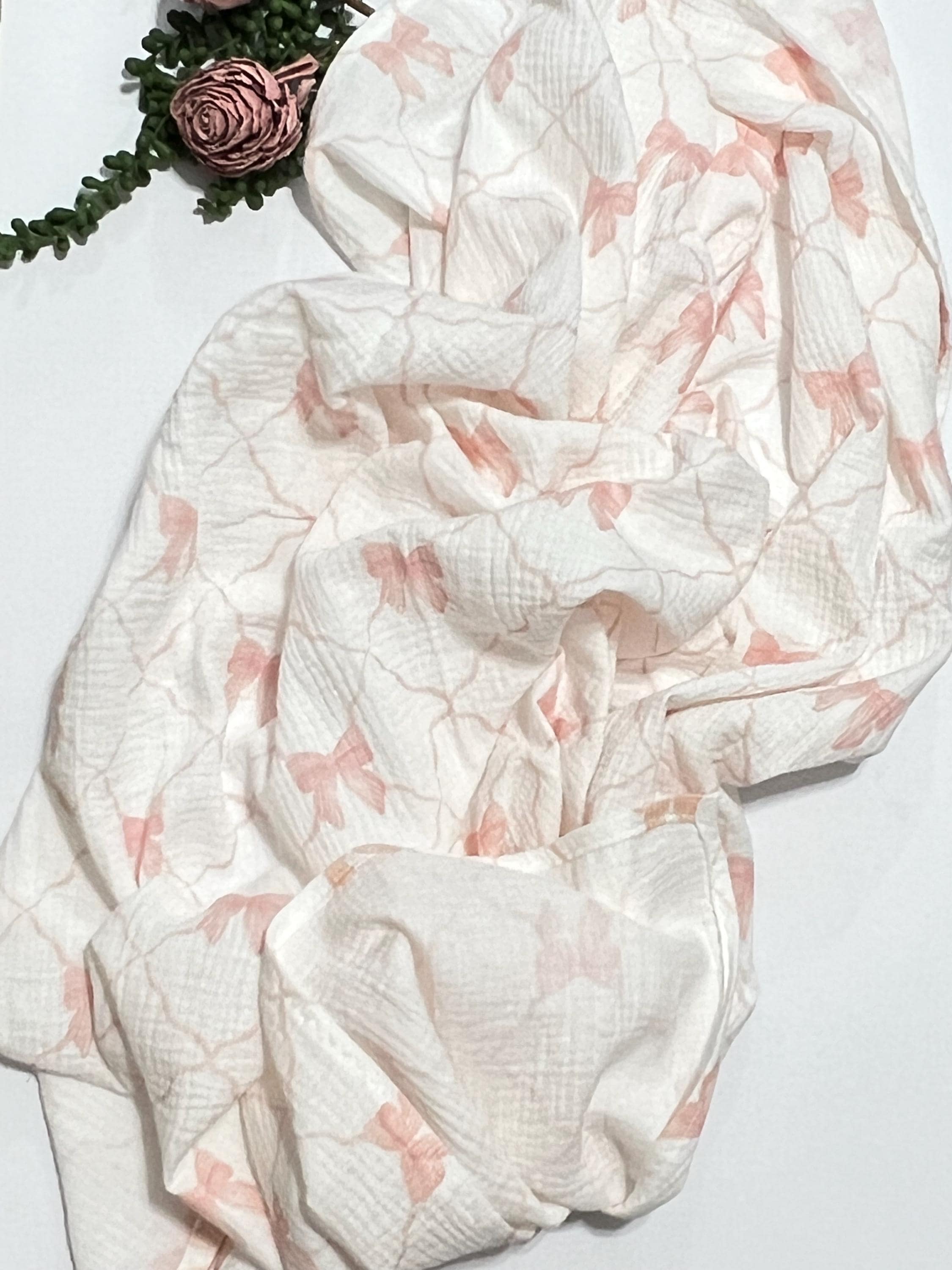 Baby swaddle blanket with blush pink bow print muslin gauze extra large 41” size with matching burp cloth and bib, gift set, lightweight