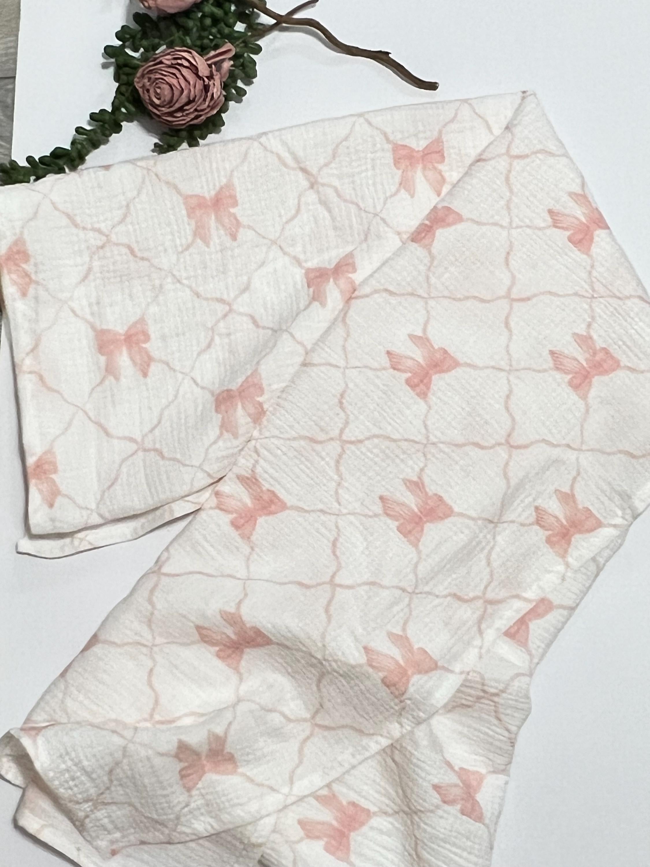 Baby swaddle blanket with blush pink bow print muslin gauze extra large 41” size with matching burp cloth and bib, gift set, lightweight