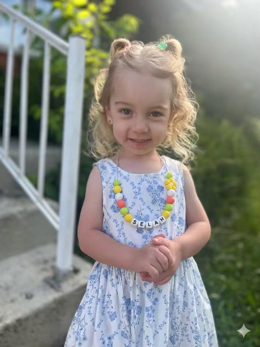 Toddler or child personalized necklace made from baby safe silicone beads, safe release clasp, colorful, plus a character or unique bead
