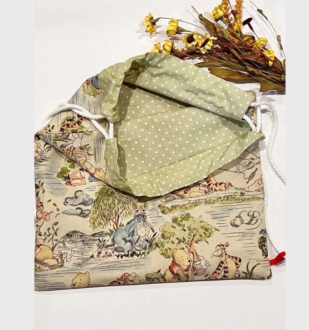 Drawstring backpack bag made from Winnie the Pooh fabric, convenient sturdy baby toddler carry all bag for mom, baby, school age 15” x 13.5”