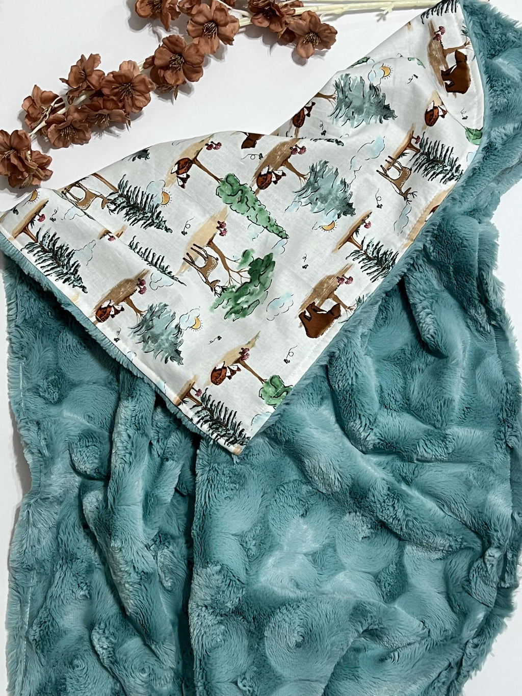 Woodlands animals personalizable baby blanket with minky or fur back for boy or girl, new mom gift, baby shower, size options, Fox bear deer