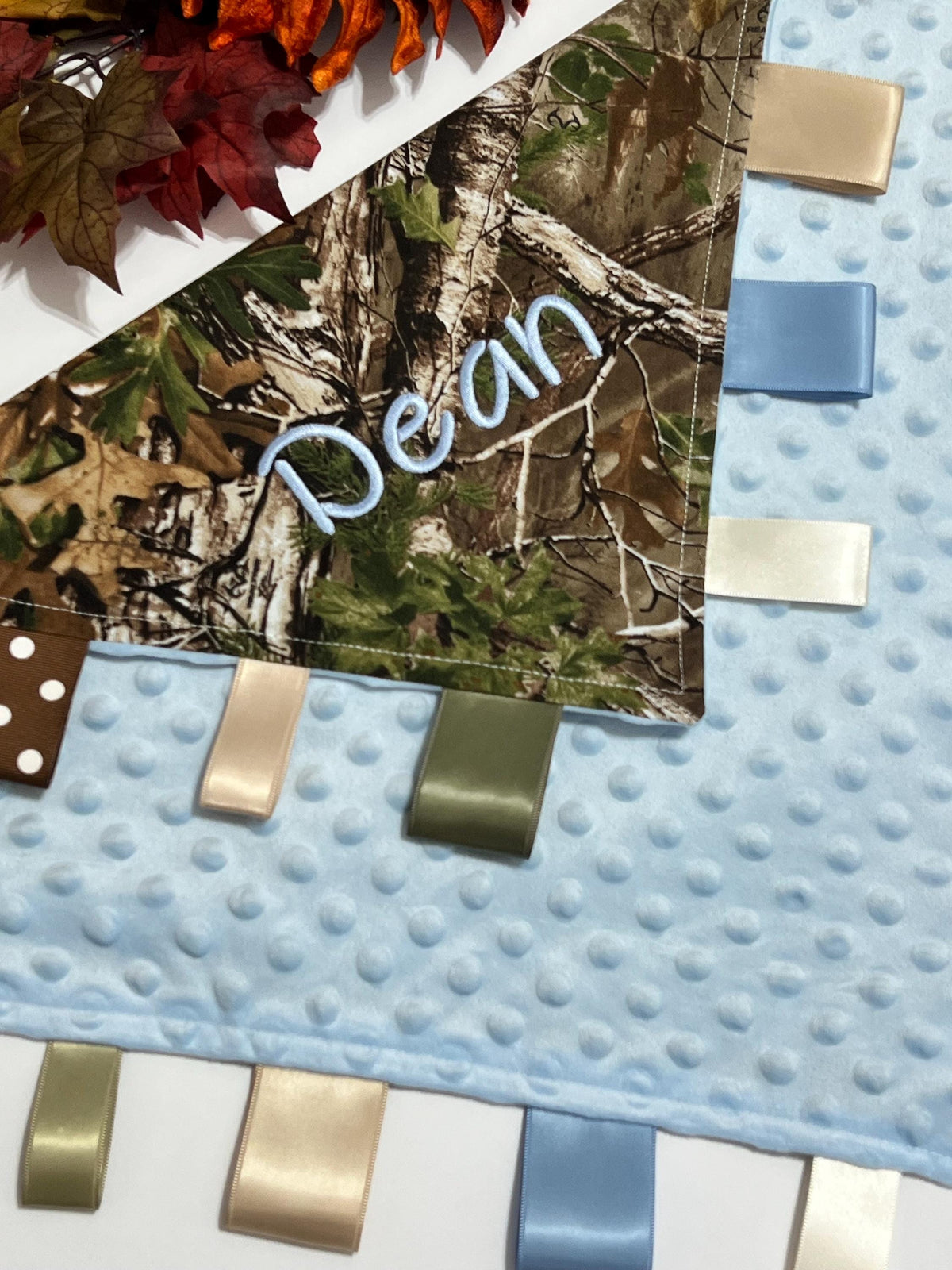 Camouflage sensory tag lovey for toy or comfort made from camo cotton fabric with minky back and choice of color, can personalize, baby gift