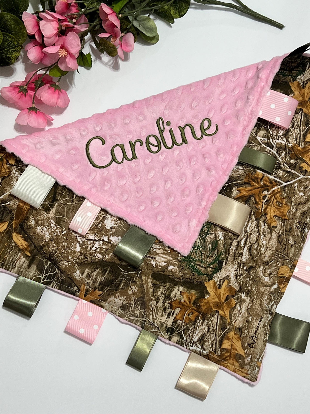 Camouflage sensory tag lovey for toy or comfort made from camo cotton fabric with minky back and choice of color, can personalize, baby gift