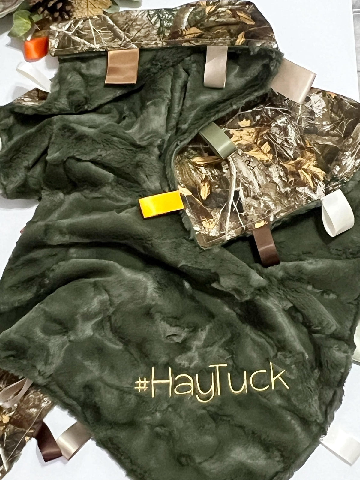 Tag Camouflage Baby Blanket for boy or girl in camo cotton and hunter green olive fur or minky, hunting theme soother, personalize 30 x 34