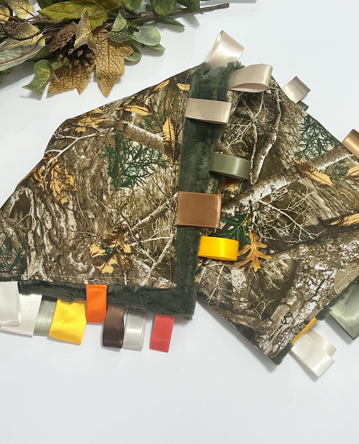 Tag Camouflage Baby Blanket for boy or girl in camo cotton and hunter green olive fur or minky, hunting theme soother, personalize 30 x 34