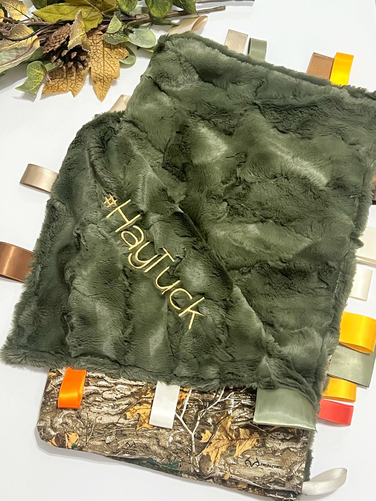 Tag Camouflage Baby Blanket for boy or girl in camo cotton and hunter green olive fur or minky, hunting theme soother, personalize 30 x 34