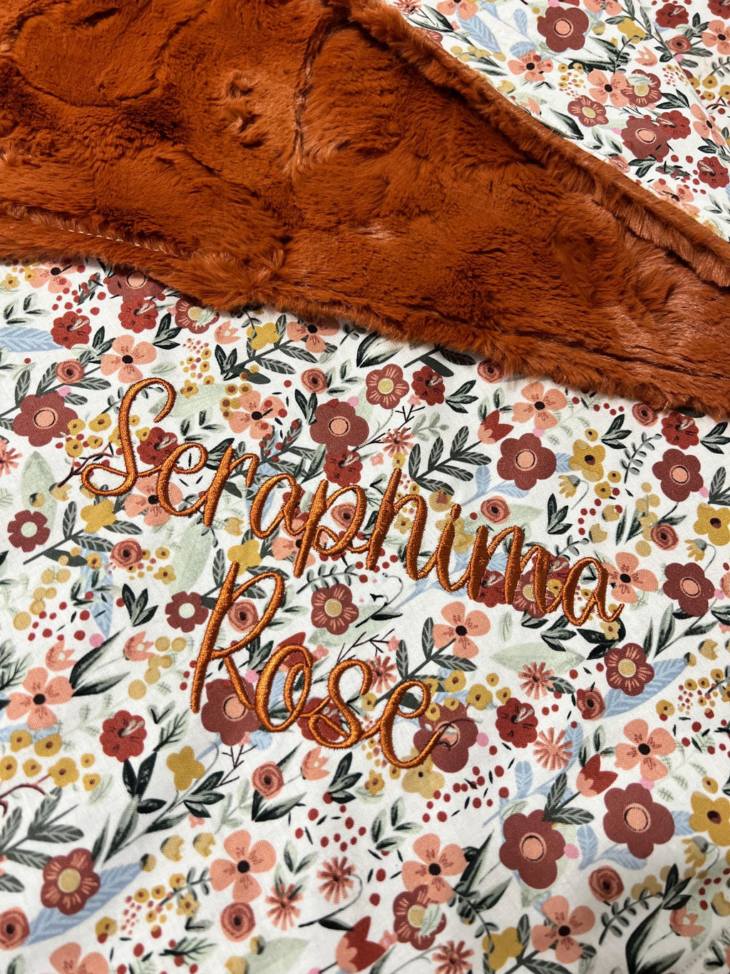 Boho floral cotton Baby girl Blanket in blush pink and ginger with olive emerald vines and minky back, size and personalize options, gift