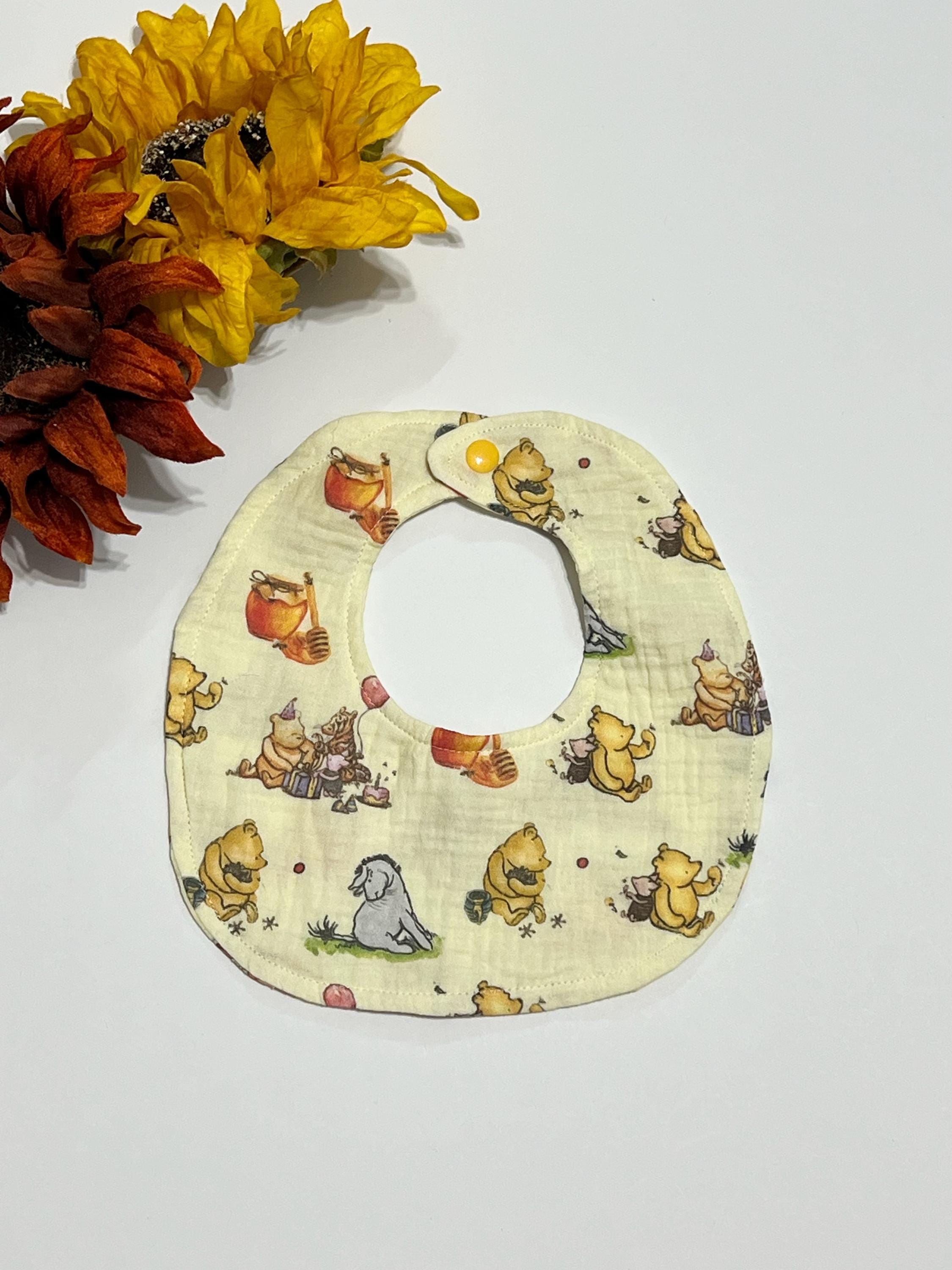 Baby drool bib in classic Winnie the Pooh, pink bow or woodlands print muslin gauze absorbant soft fabric with snap closure, lightweight