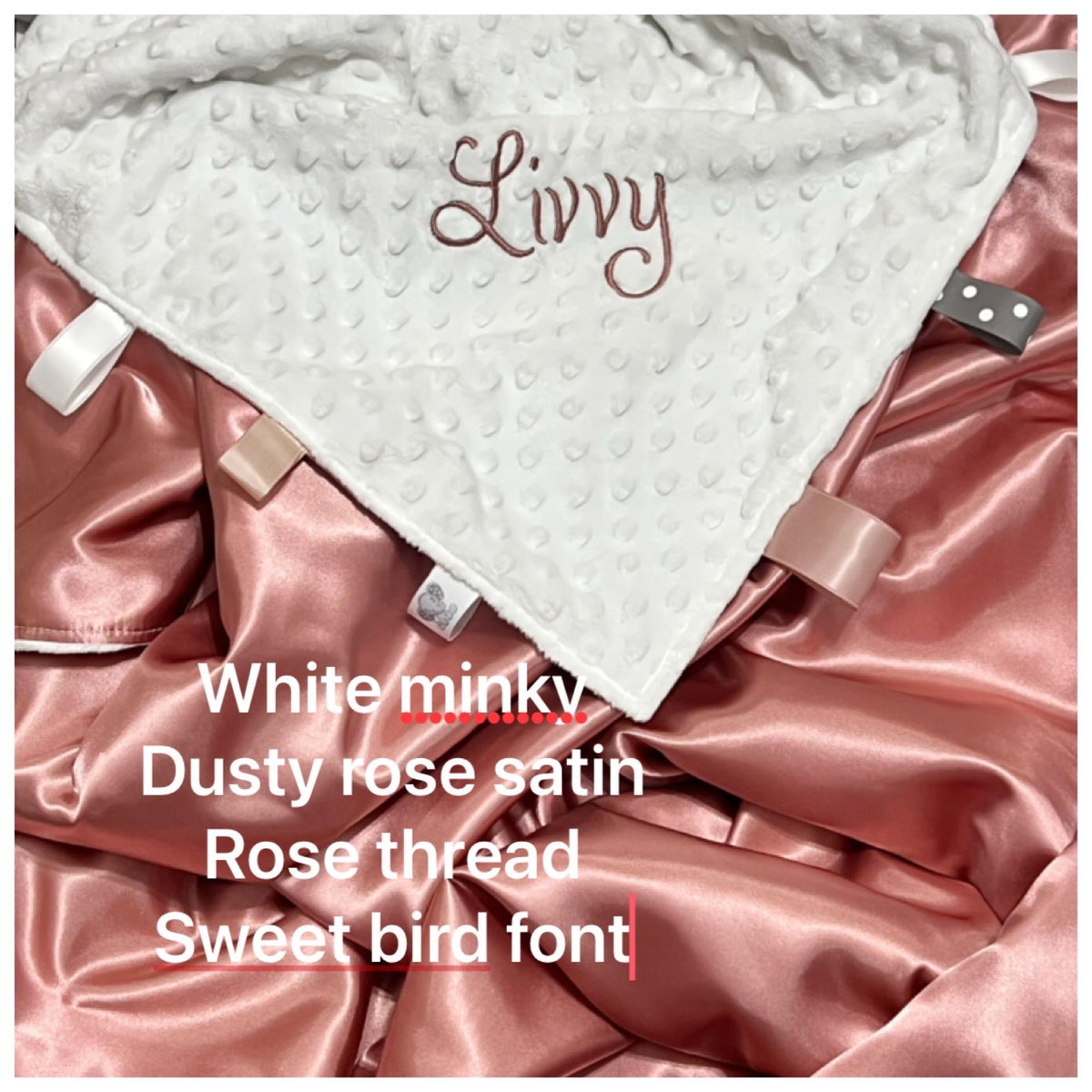 Personalize Satin and minky 40” x 60” large sensory Blanket with ribbon tags for girl or boy, baby or toddler, choose colors