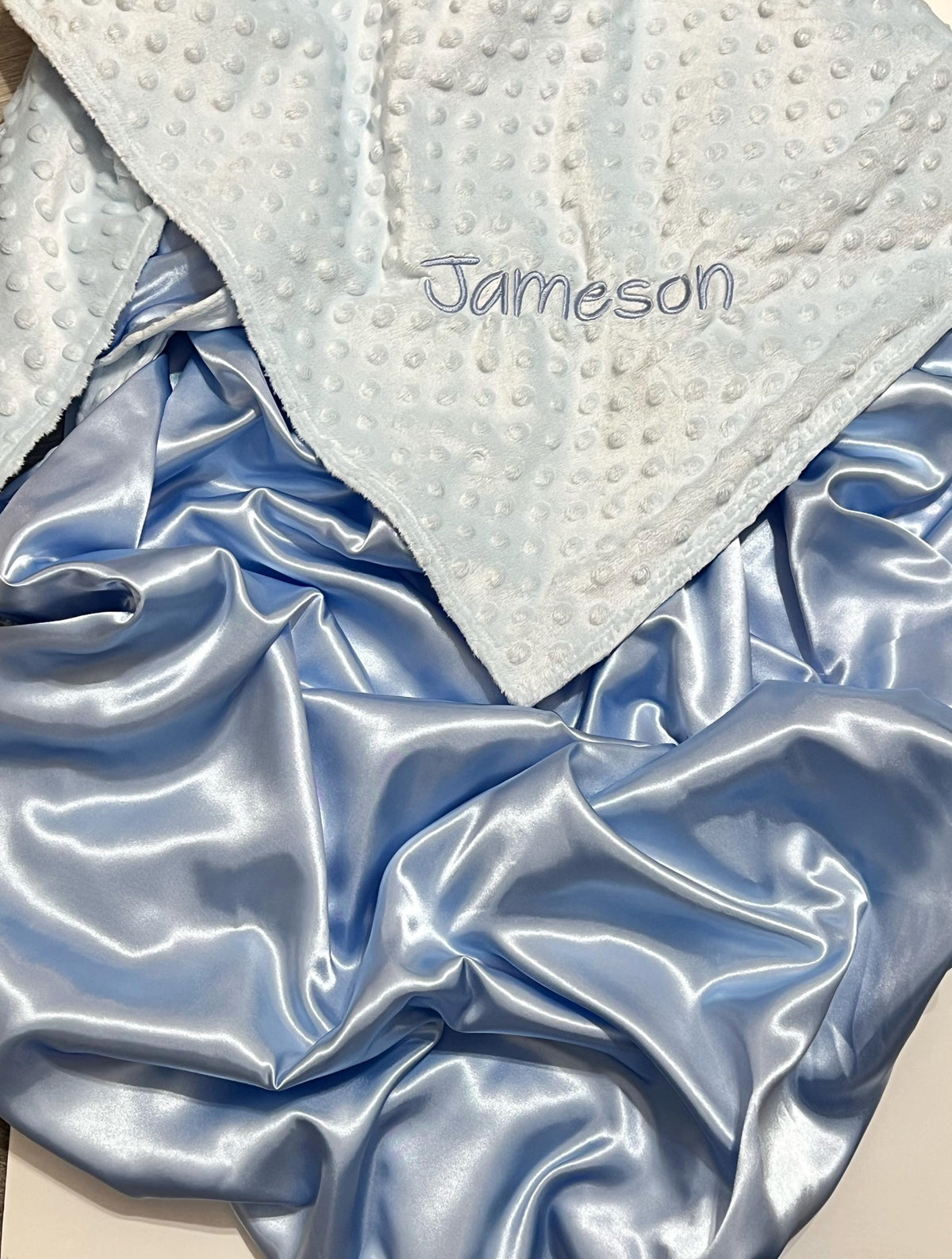 Personalize Satin and minky 40” x 60” large sensory Blanket with ribbon tags for girl or boy, baby or toddler, choose colors