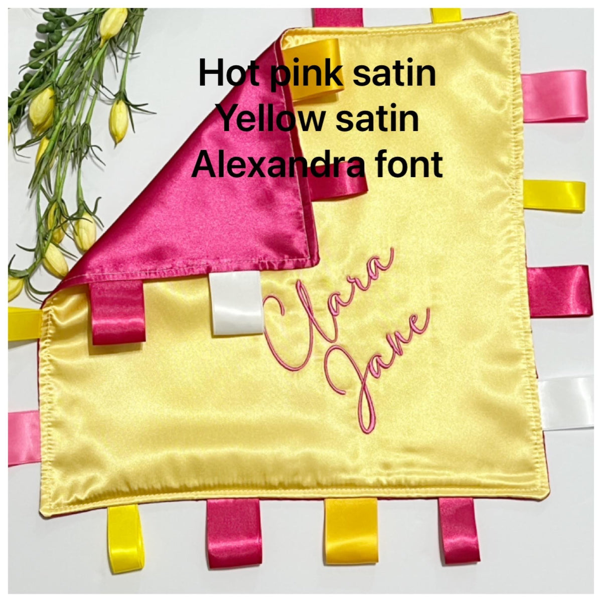 Double sided satin sensory lovey with or without ribbon tags, and batting layer, comfort for baby, adult, elderly, size 5” 12” 15” 18”or 24”