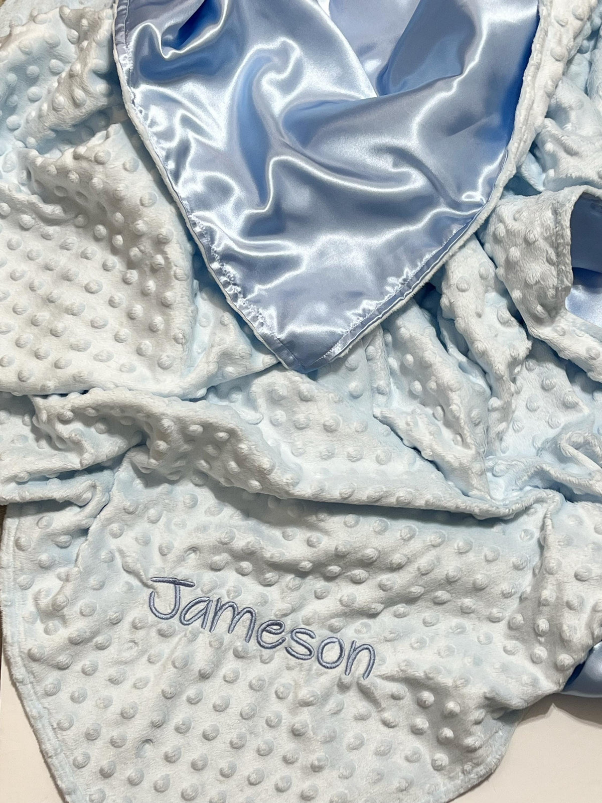 Personalize Satin and minky 40” x 60” large sensory Blanket WITHOUT ribbon tags for girl or boy, baby or toddler, choose colors