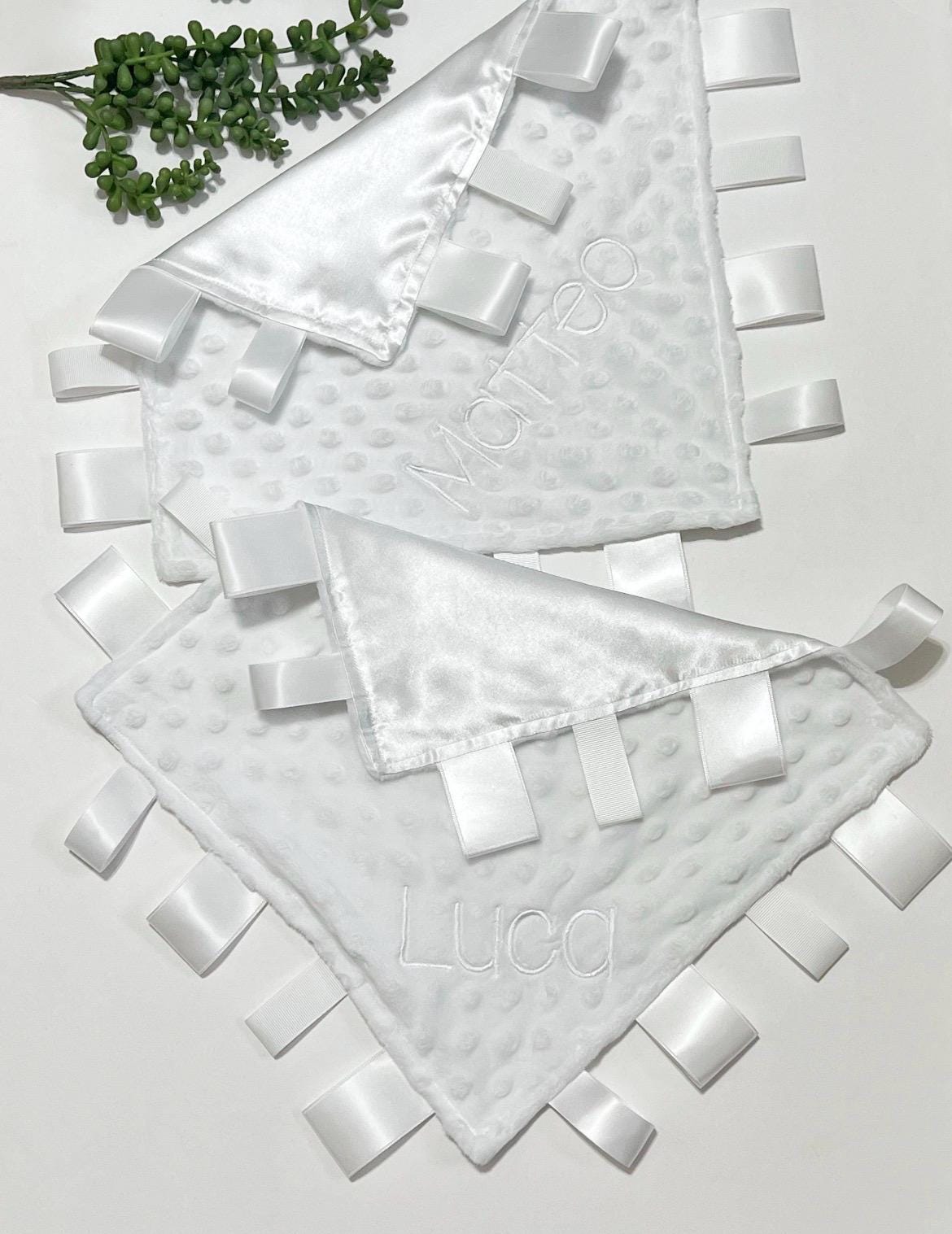 Personalize white satin and minky heirloom sensory blanket lovey with ribbon tags, baby gift for boy or girl size options 5” 12” 15” 18” 24”