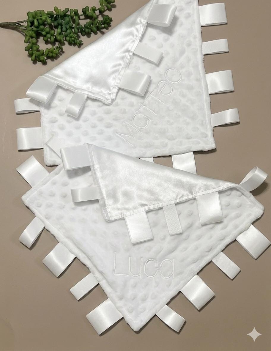 Personalize white satin and minky heirloom sensory blanket lovey with ribbon tags, baby gift for boy or girl size options 5” 12” 15” 18” 24”
