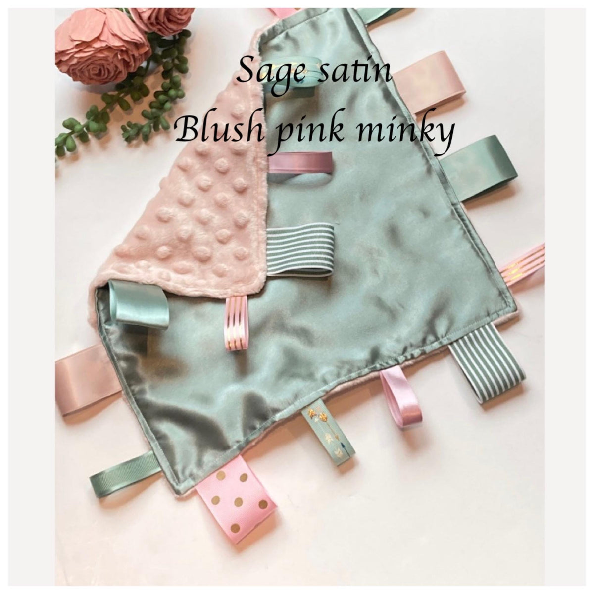Satin and minky sensory lovey with ribbon tags and personalize option for baby shower gift for boy girl or adult 12" calming, choose colors