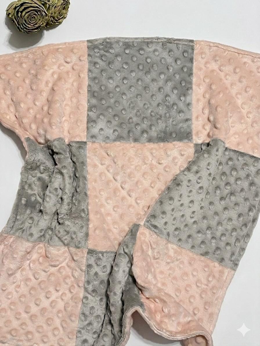 Mini 22” blanket lovey in double sided minky, coordinating 9 patch minky squares in two colors, personalized option, soft, soothing, calming