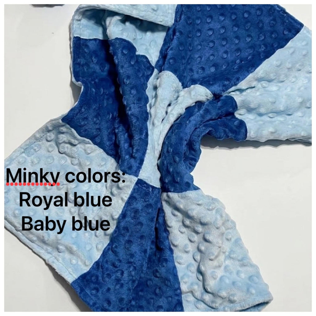 Mini 22” blanket lovey in double sided minky, coordinating 9 patch minky squares in two colors, personalized option, soft, soothing, calming