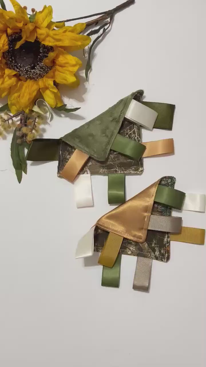 Camouflage Sensory Tag Lovey – 5" Pocket Comfort Blanket with Minky or Satin Backing – Hunting Nursery Ribbon Tag Lovey