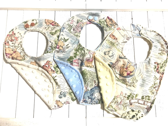 Baby toddler bib made from Winnie the Pooh fabric | Choose One | Reversible bib | gender neutral | Cotton and Minky | baby shower gift