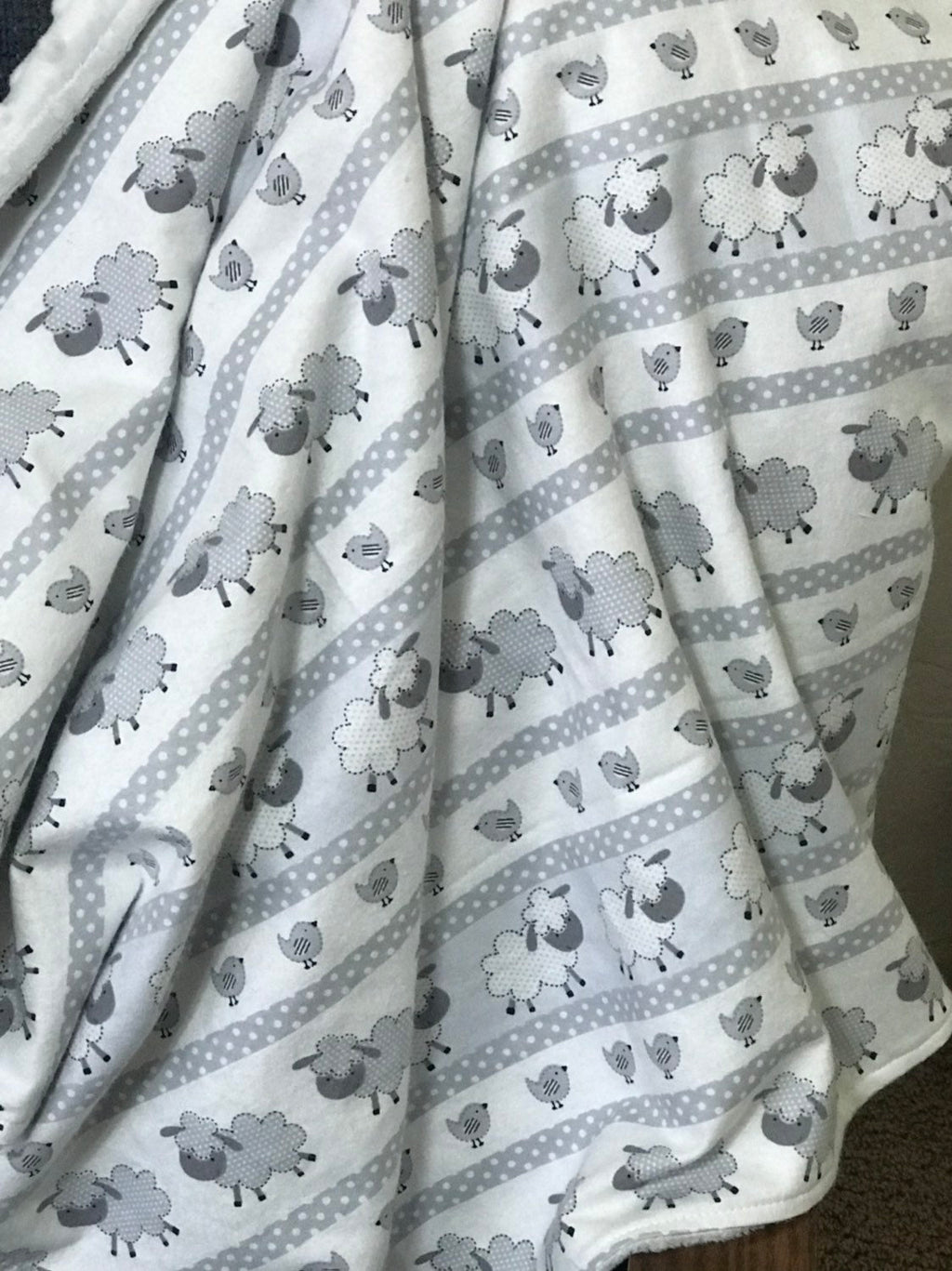 Flannel Baby Blanket - sheep lambs - neutral color ~ gender neutral blanket ~ flannel and minky~ baby shower gift - 30" - gray white soft
