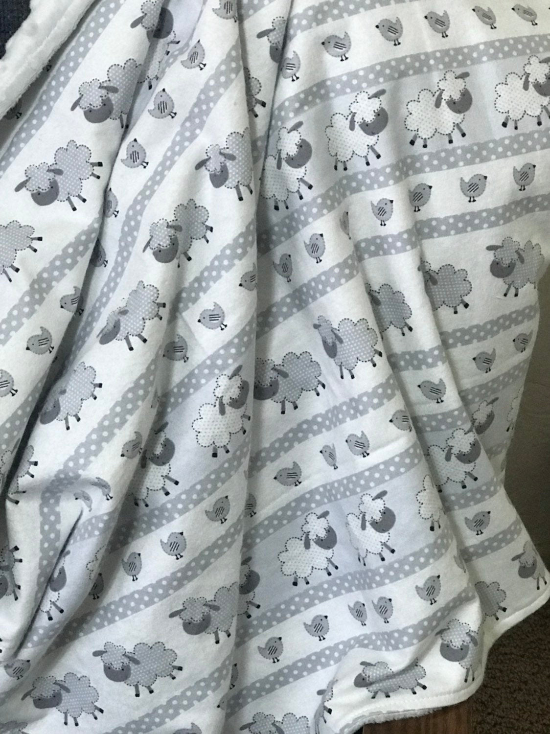Flannel Baby Blanket - sheep lambs - neutral color ~ gender neutral blanket ~ flannel and minky~ baby shower gift - 30" - gray white soft