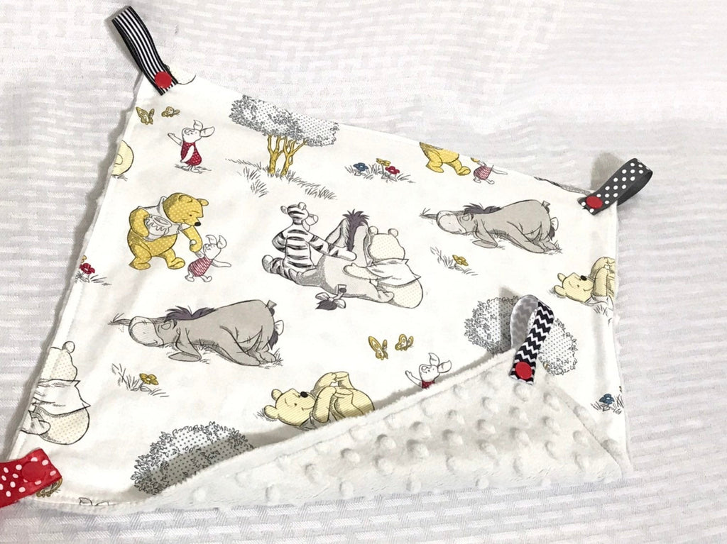 Pacifier lovey blanket made from Winnie the Pooh fabric ~ snap taggie sensory lovey ~ nap night time ~ Cotton minky ~ baby shower 15"