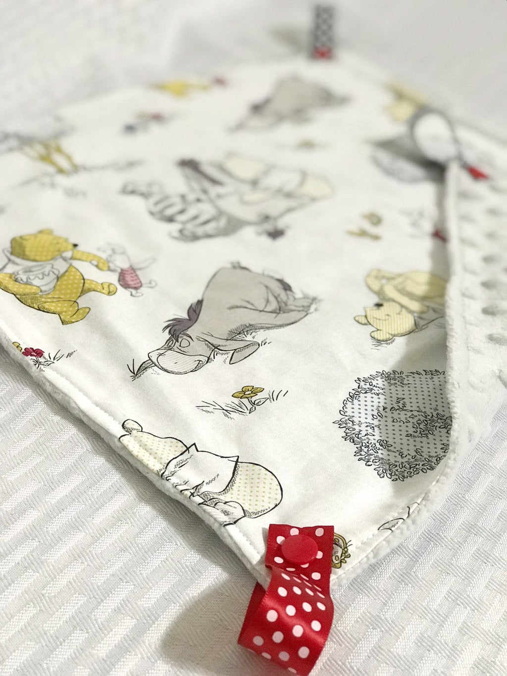 Pacifier lovey blanket made from Winnie the Pooh fabric ~ snap taggie sensory lovey ~ nap night time ~ Cotton minky ~ baby shower 15"