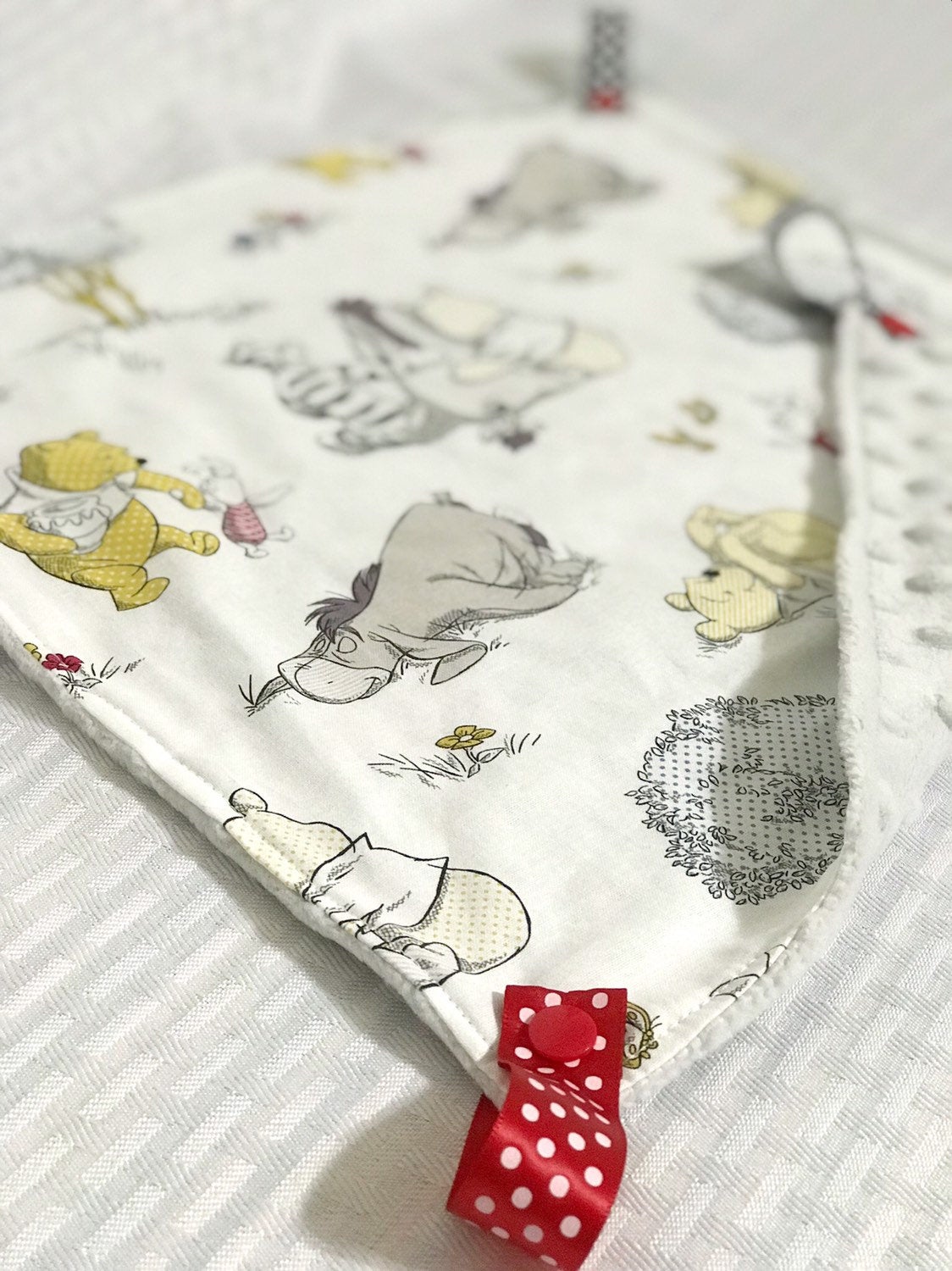 Pacifier lovey blanket made from Winnie the Pooh fabric ~ snap taggie sensory lovey ~ nap night time ~ Cotton minky ~ baby shower 15"