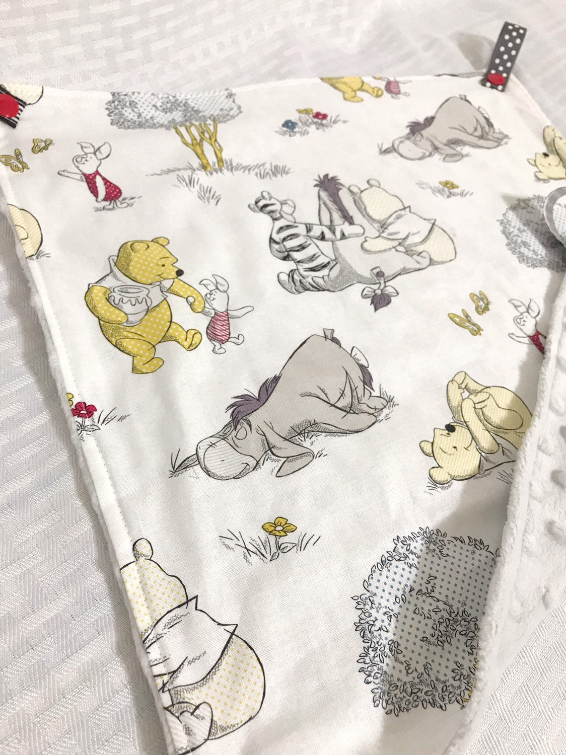 Pacifier lovey blanket made from Winnie the Pooh fabric ~ snap taggie sensory lovey ~ nap night time ~ Cotton minky ~ baby shower 15"