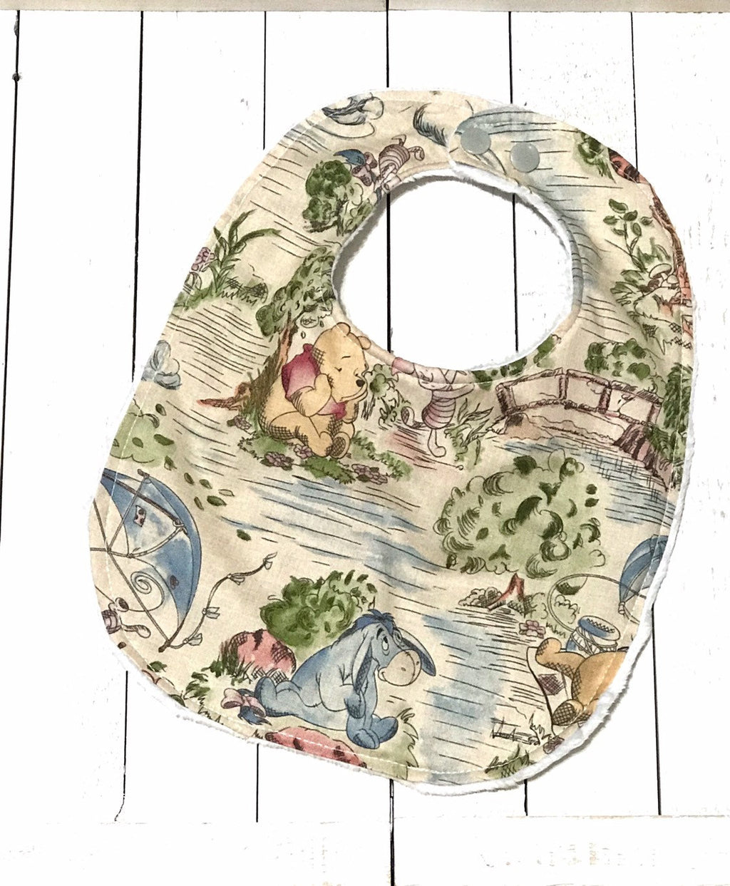 Baby toddler bib made from Winnie the Pooh fabric |Reversible | gender neutral | Cotton and gray Minky | baby shower gift | infant baby