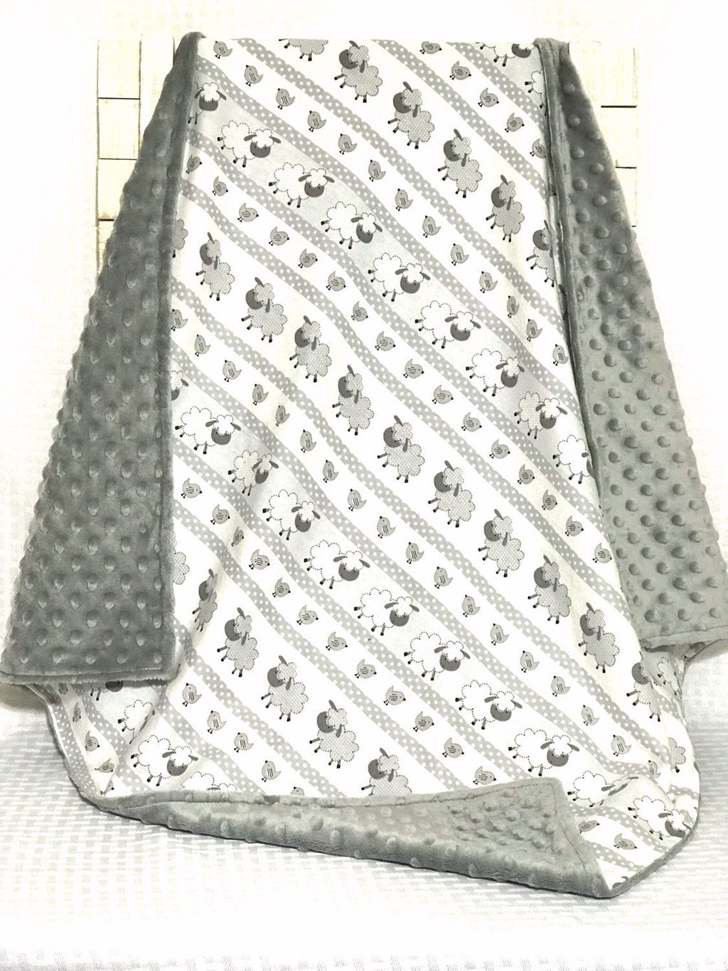 Flannel Baby Blanket - sheep lambs - neutral color ~ gender neutral blanket ~ flannel and minky~ baby shower gift - 30" - gray white soft