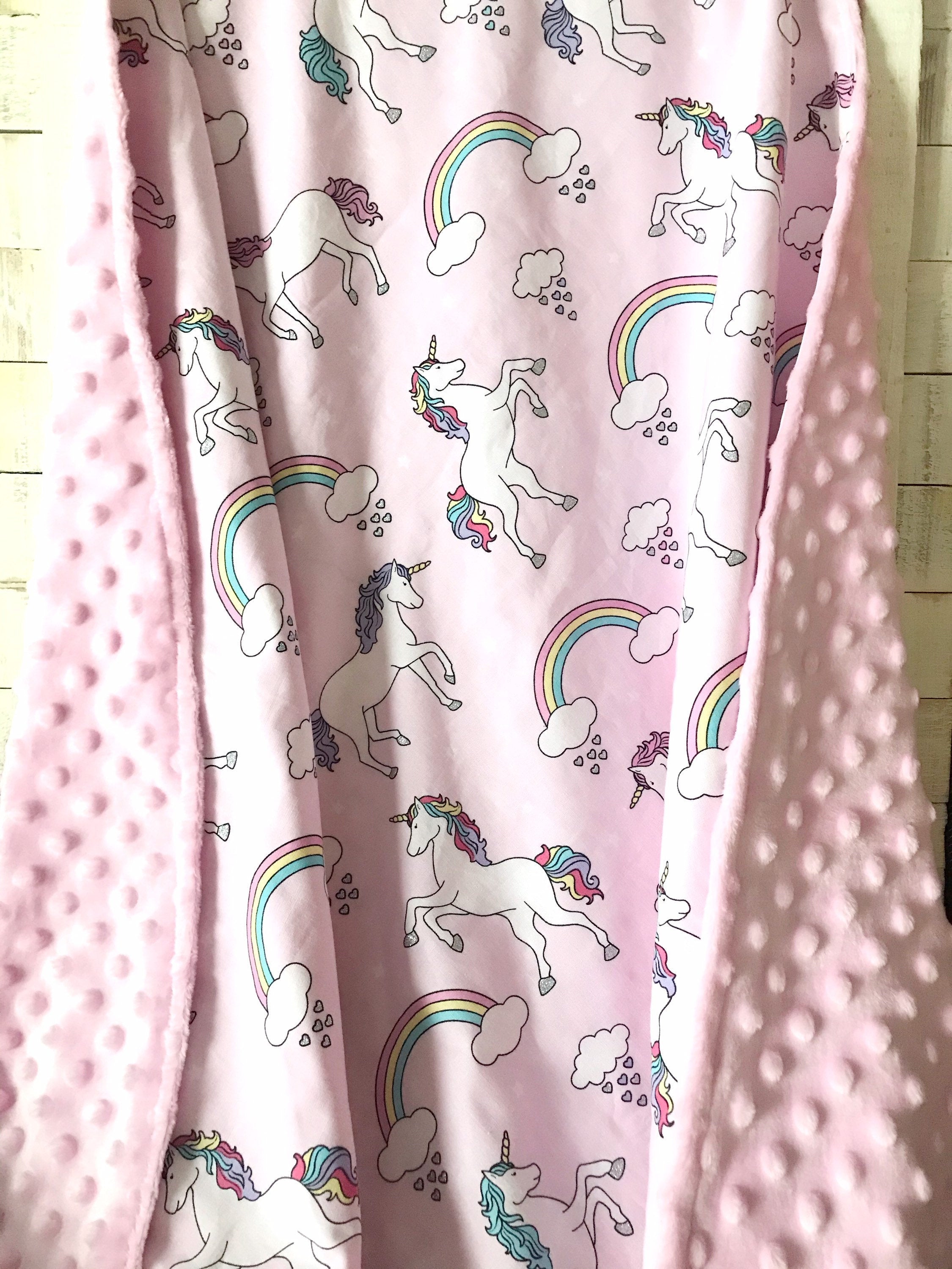 Baby crib Blanket | unicorns and rainbows fabric ~ baby girl pink blanket ~ Cotton minky ~ baby gift ~ 36" infant baby shower gift