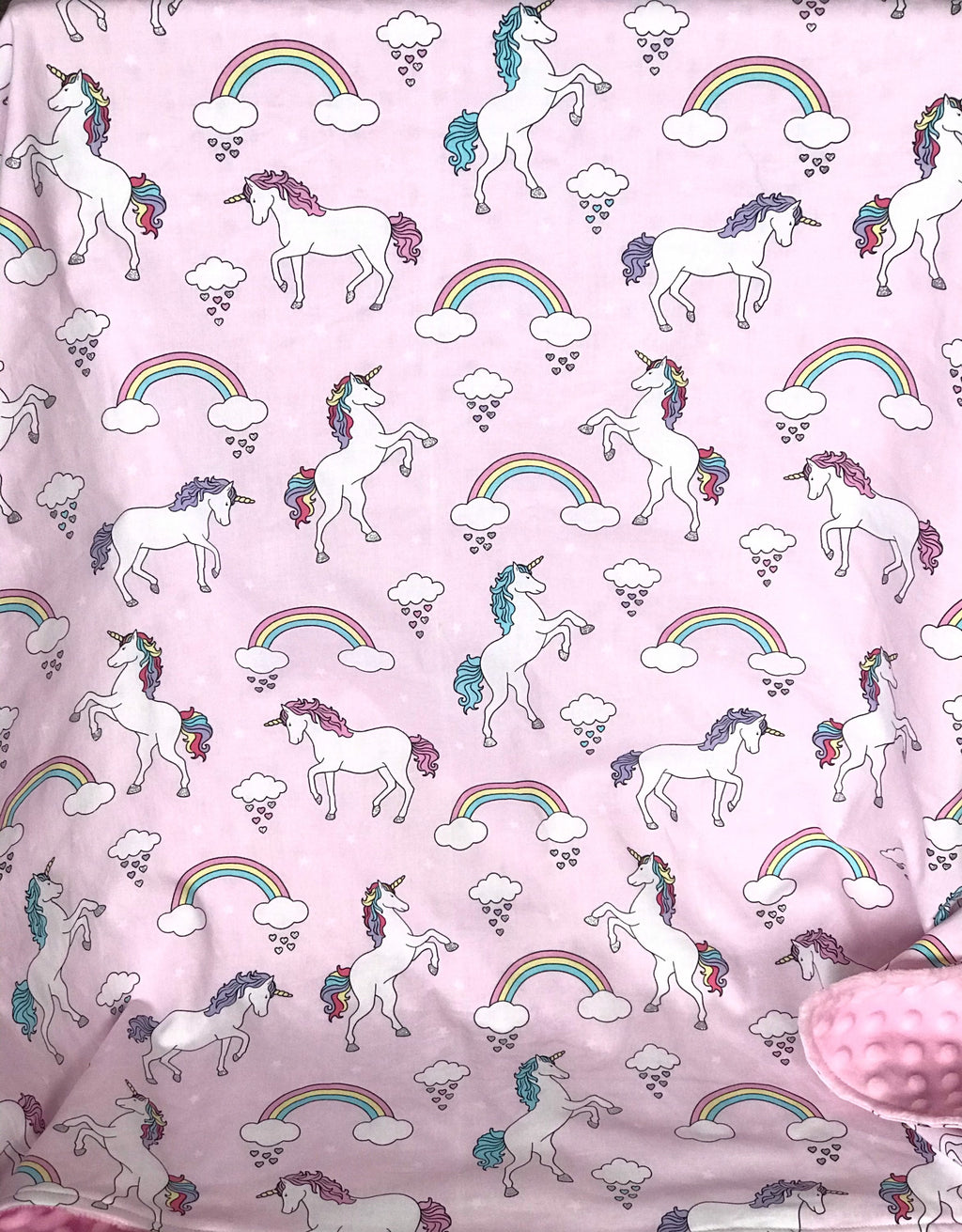 Baby crib Blanket | unicorns and rainbows fabric ~ baby girl pink blanket ~ Cotton minky ~ baby gift ~ 36" infant baby shower gift