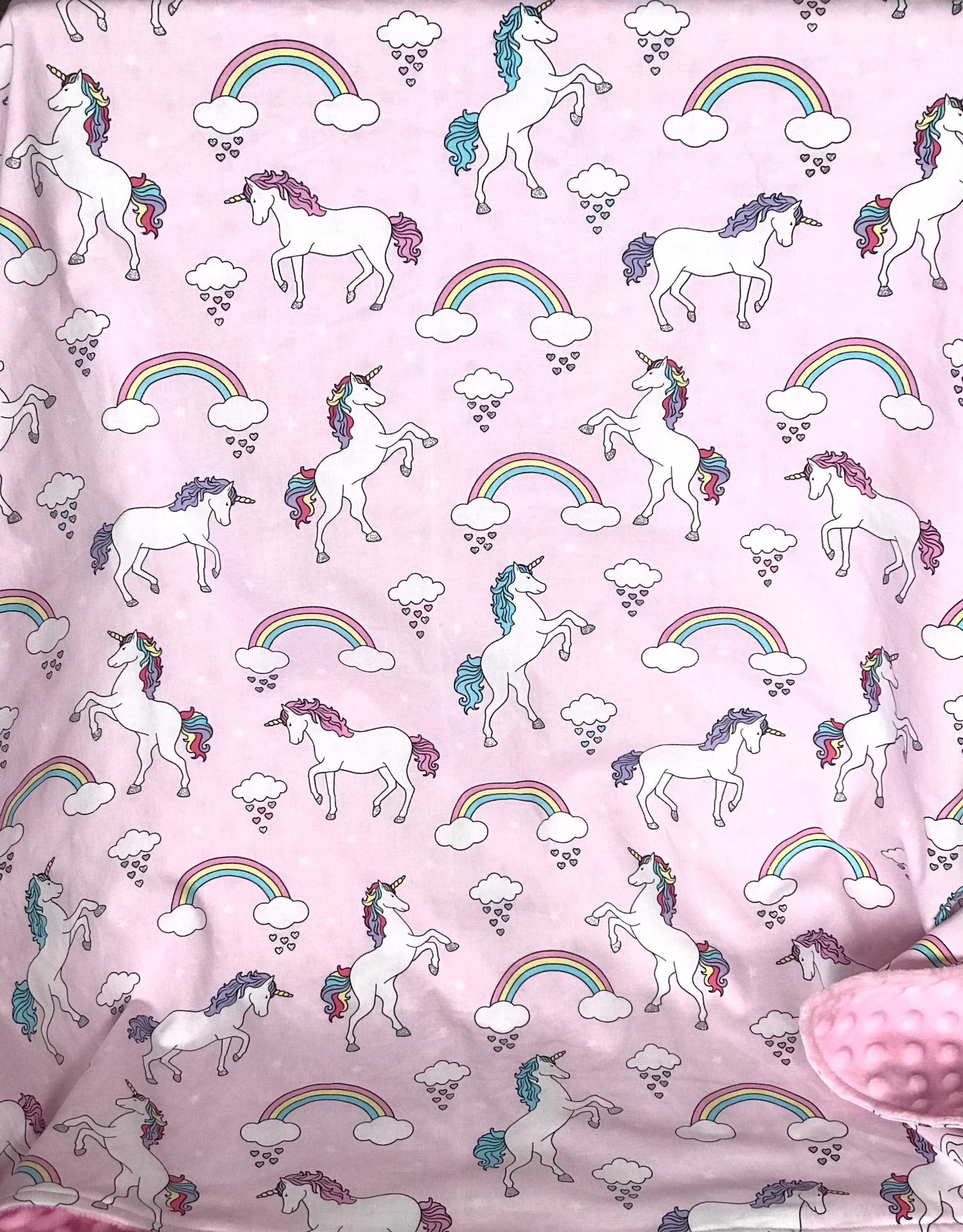 Baby crib Blanket | unicorns and rainbows fabric ~ baby girl pink blanket ~ Cotton minky ~ baby gift ~ 36" infant baby shower gift