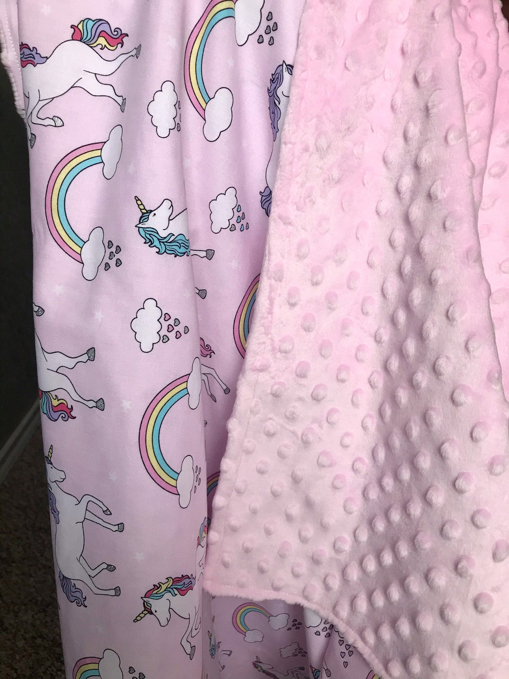 Baby crib Blanket | unicorns and rainbows fabric ~ baby girl pink blanket ~ Cotton minky ~ baby gift ~ 36" infant baby shower gift