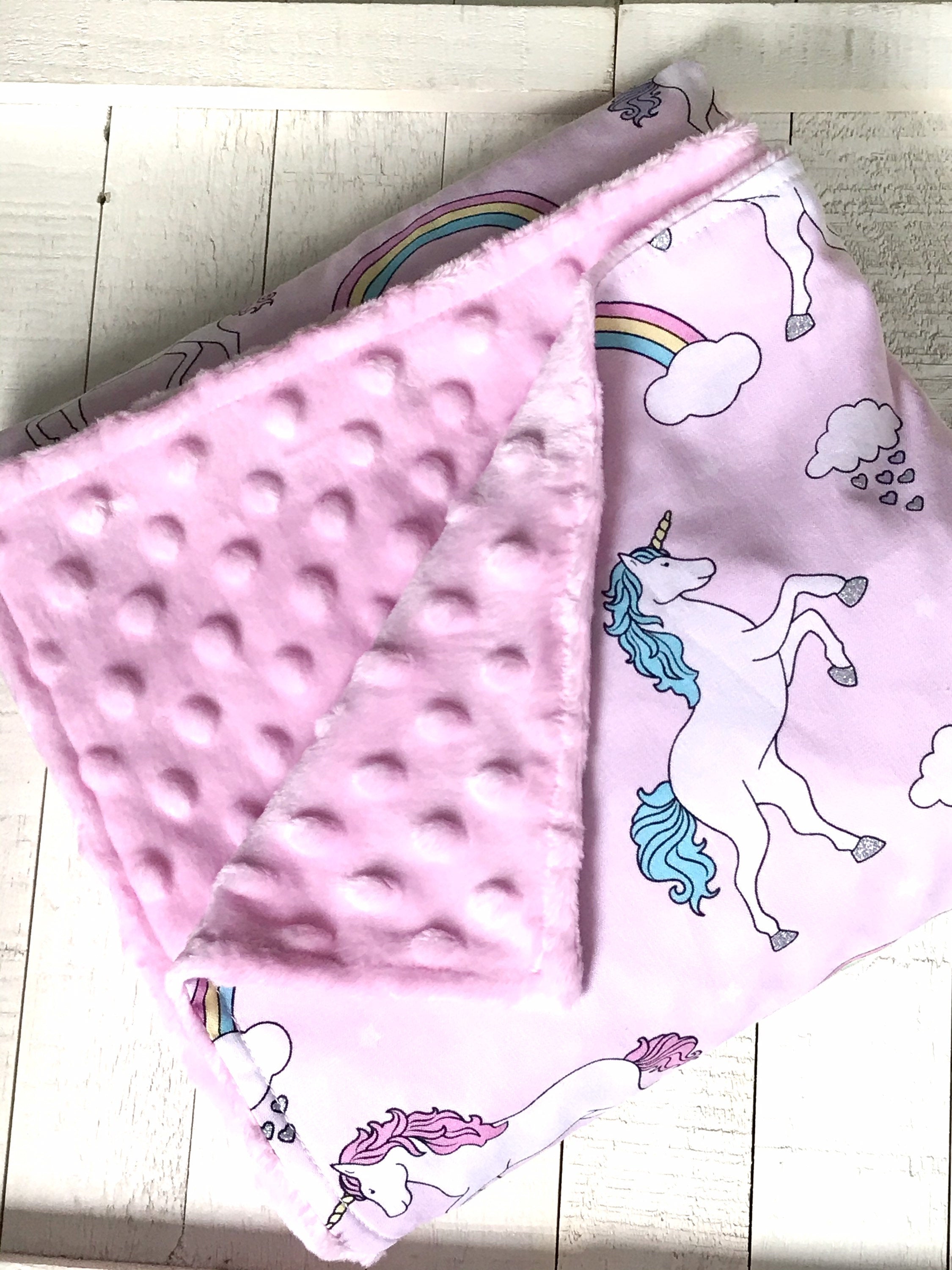 Baby crib Blanket | unicorns and rainbows fabric ~ baby girl pink blanket ~ Cotton minky ~ baby gift ~ 36" infant baby shower gift