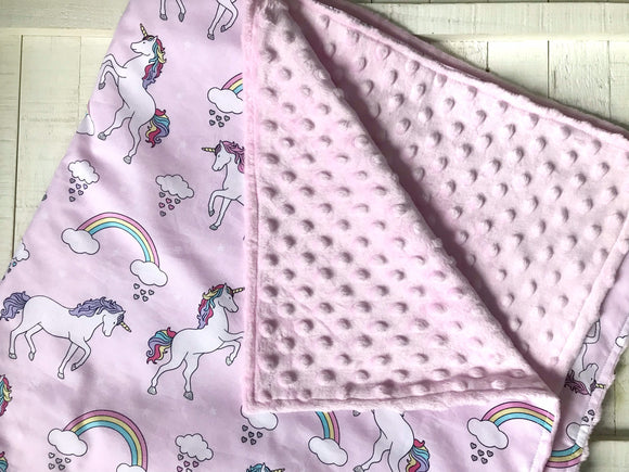 Baby crib Blanket | unicorns and rainbows fabric ~ baby girl pink blanket ~ Cotton minky ~ baby gift ~ 36